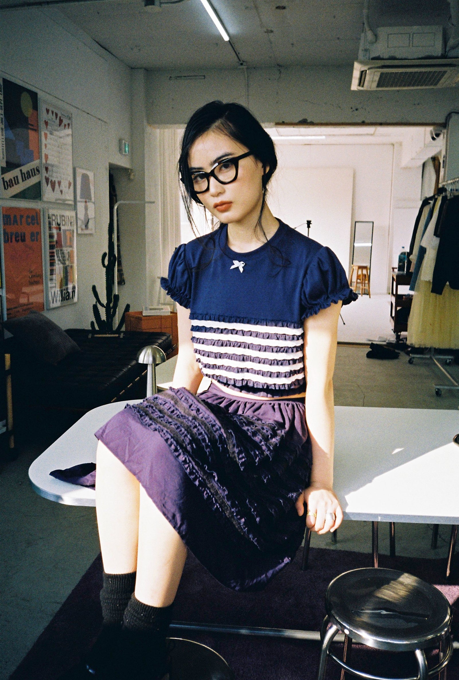 Bubble Sleeve Lace Top-Navy