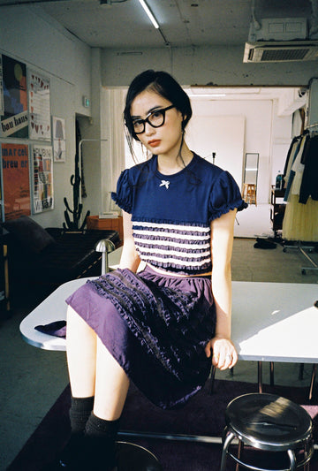 Bubble Sleeve Lace Top-Navy