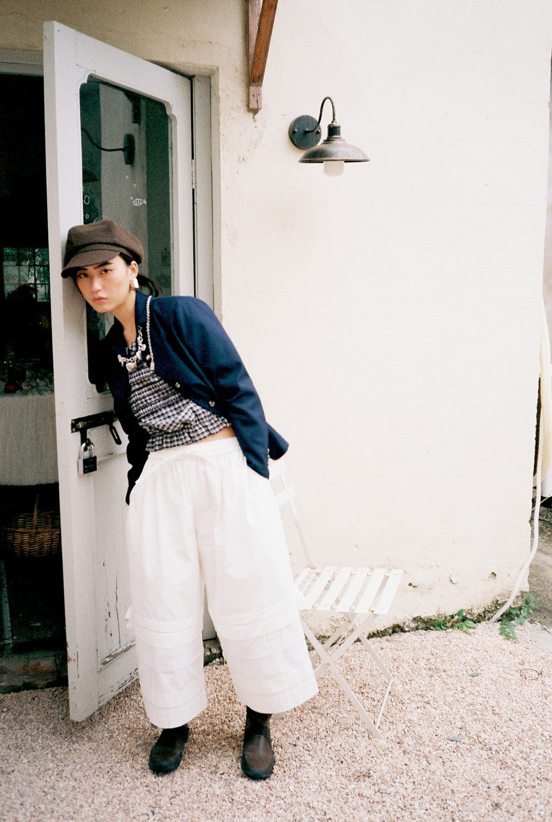 Tucked Elastic Lace-Trim Pants-White