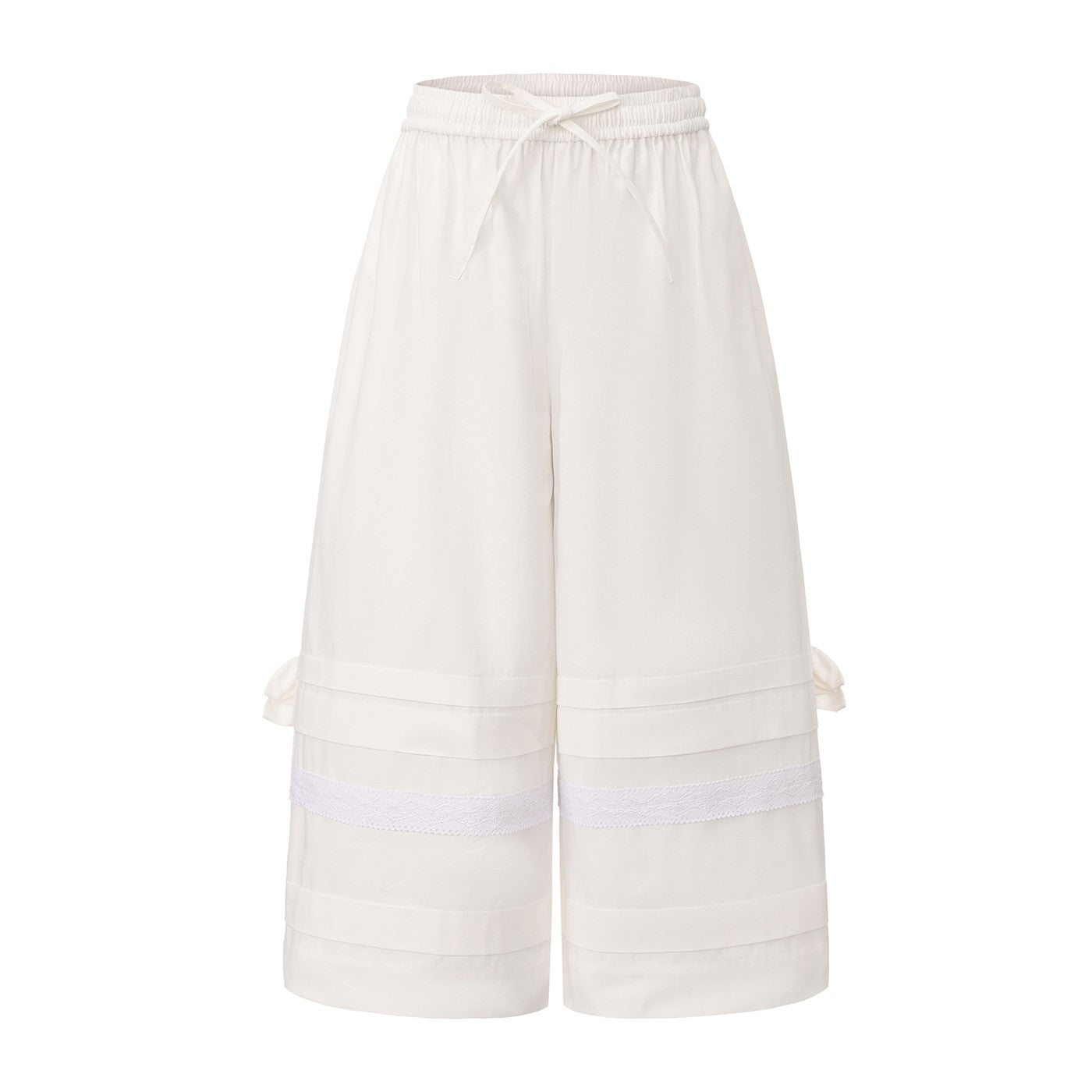 Tucked Elastic Lace-Trim Pants-White