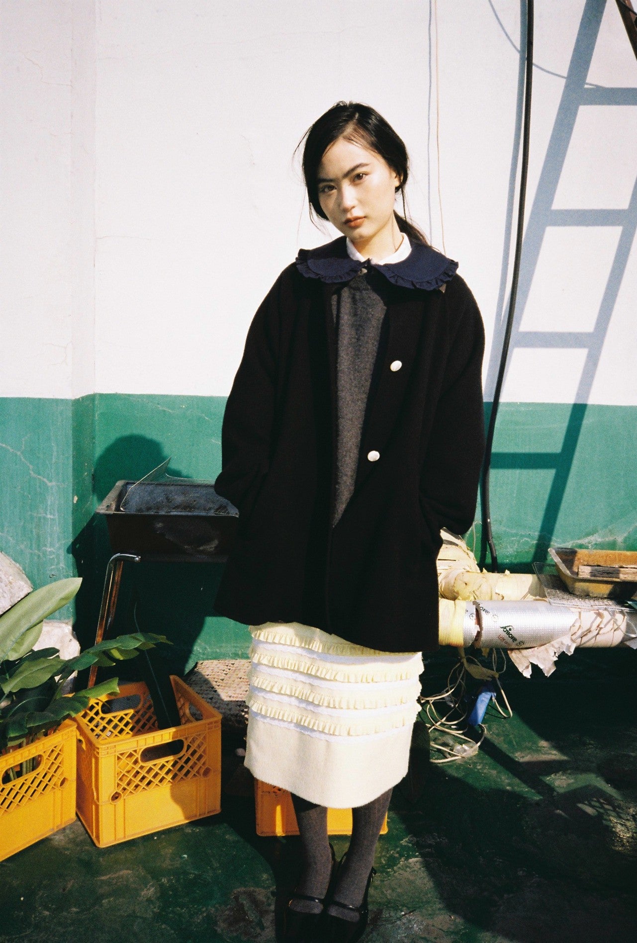 Embroidered Wool Coat-Black
