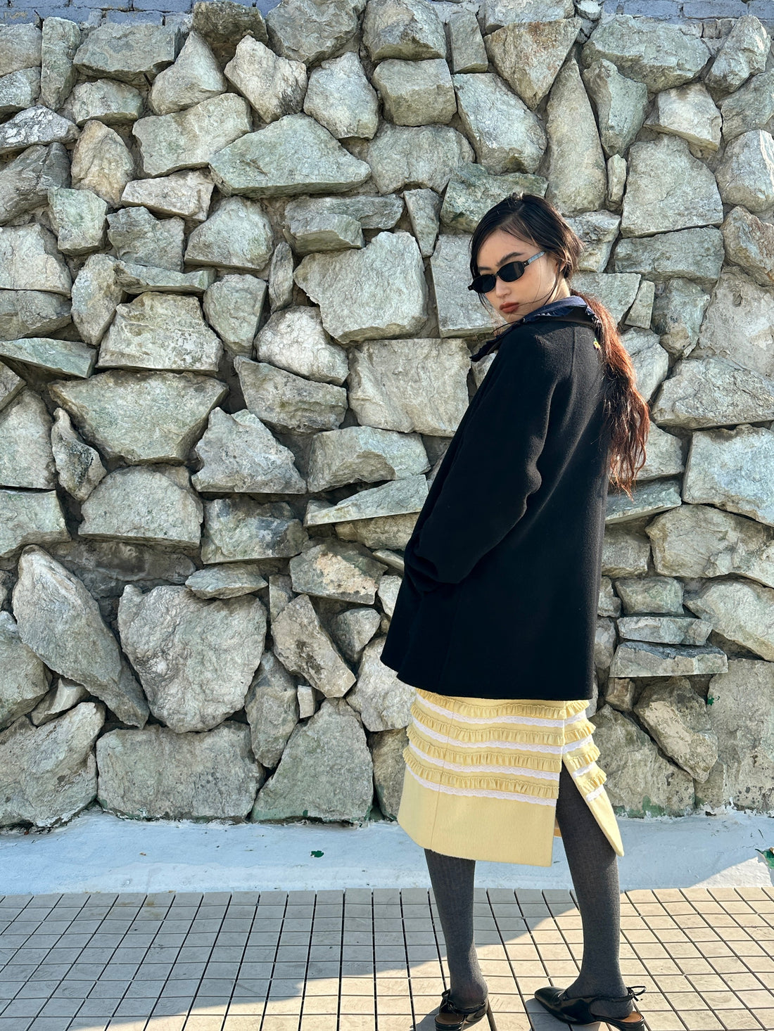 Embroidered Wool Coat-Black