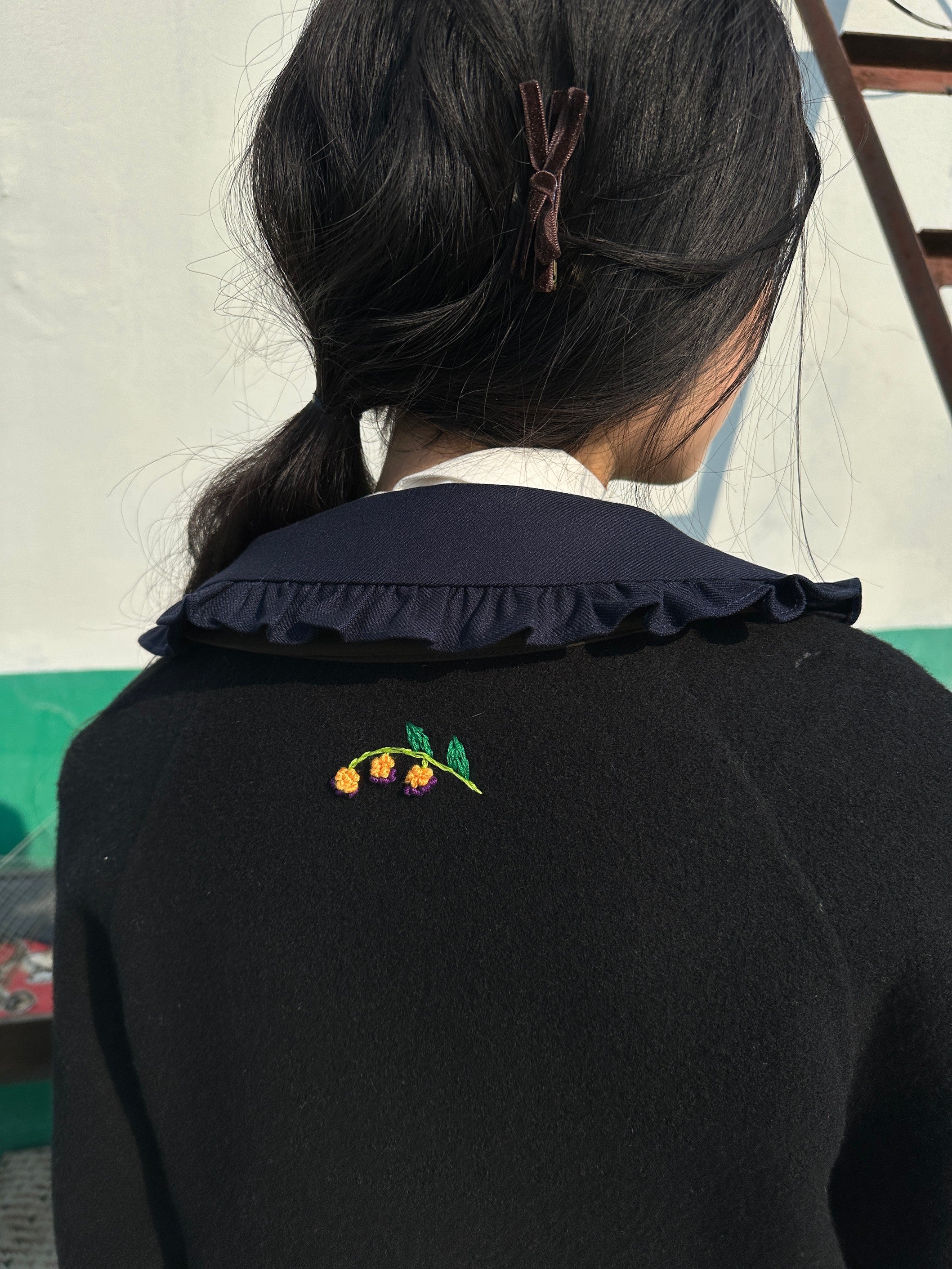 Embroidered Wool Coat-Black