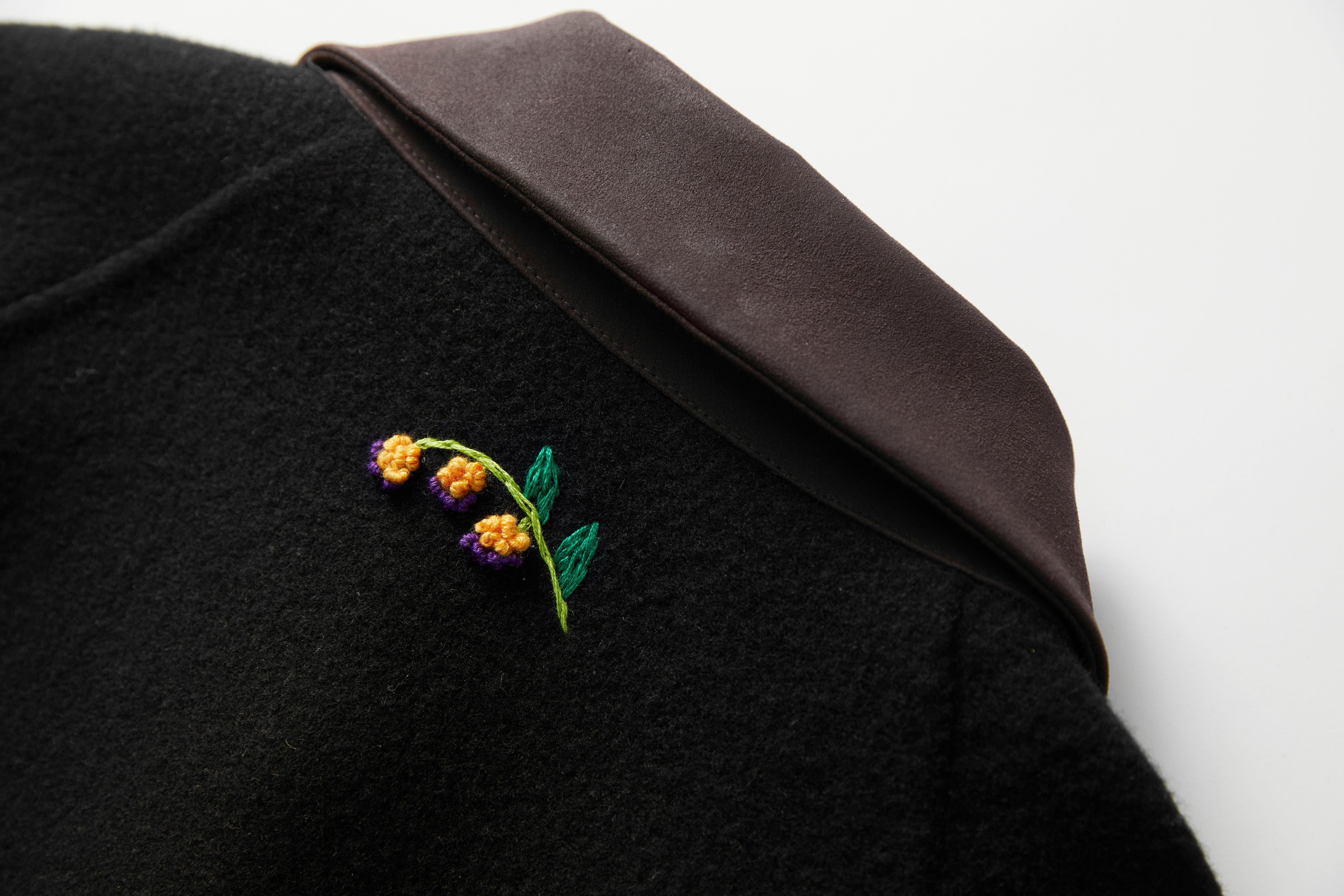 Embroidered Wool Coat-Black