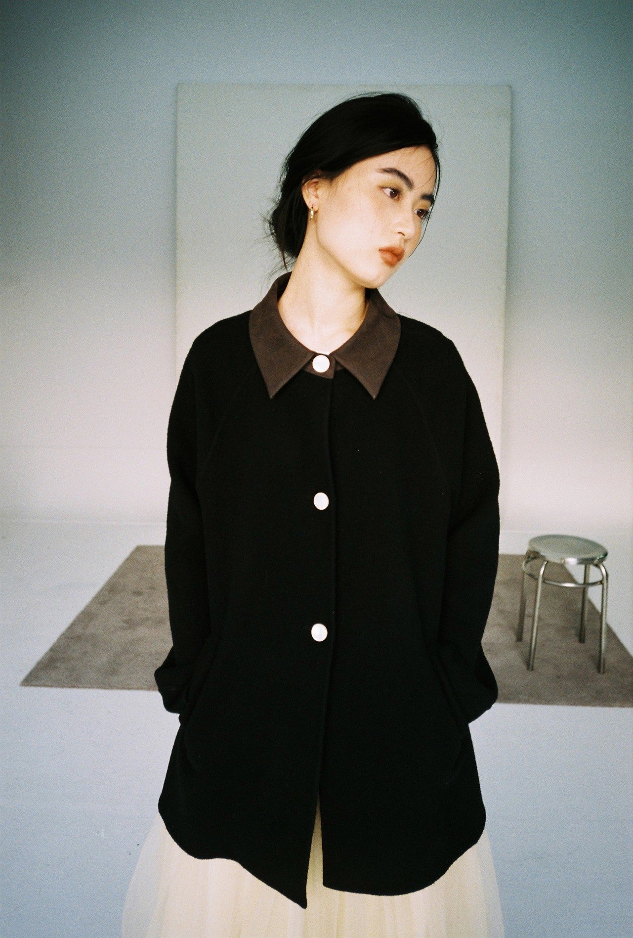 Embroidered Wool Coat-Black