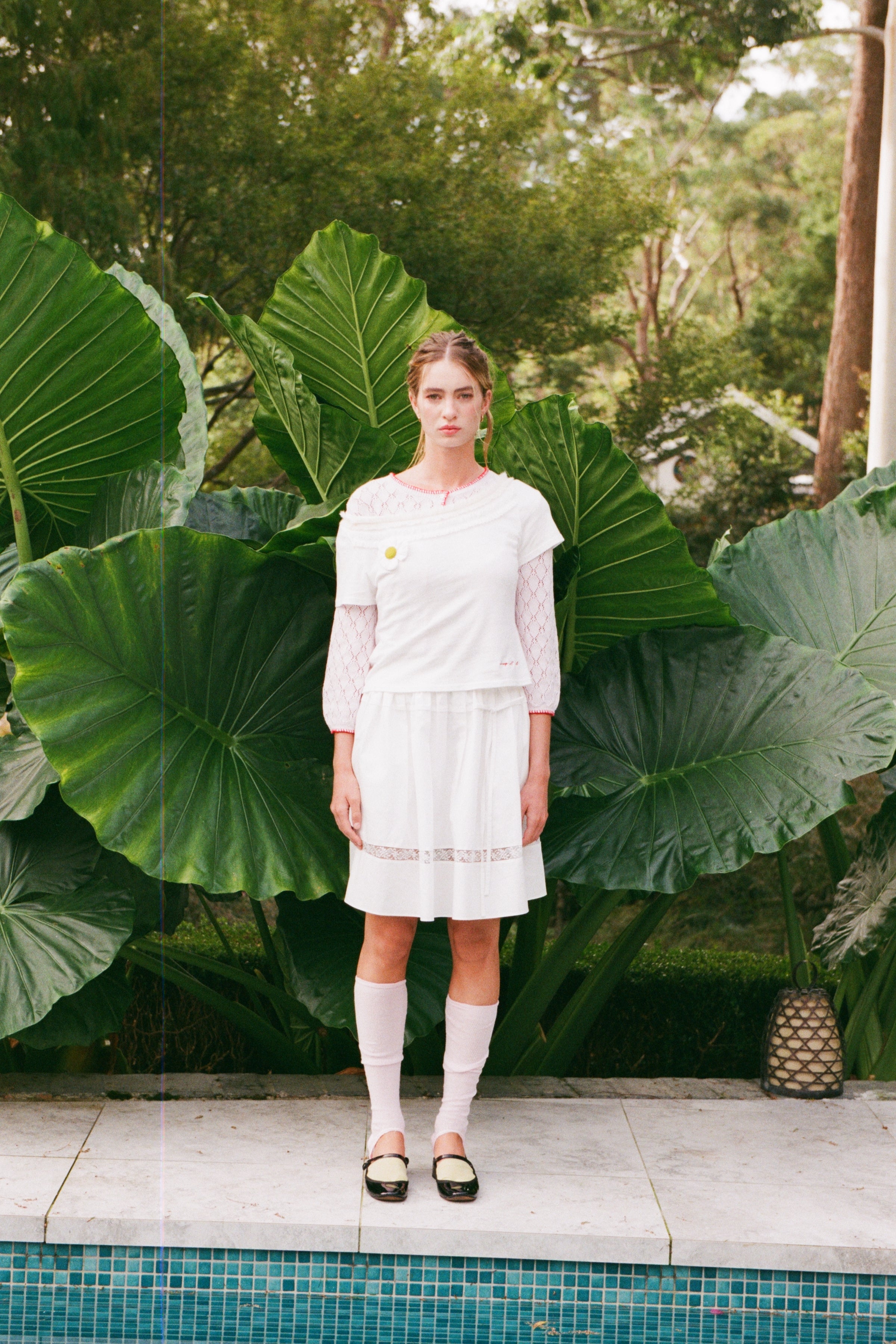 White Gathered Flare Skirt