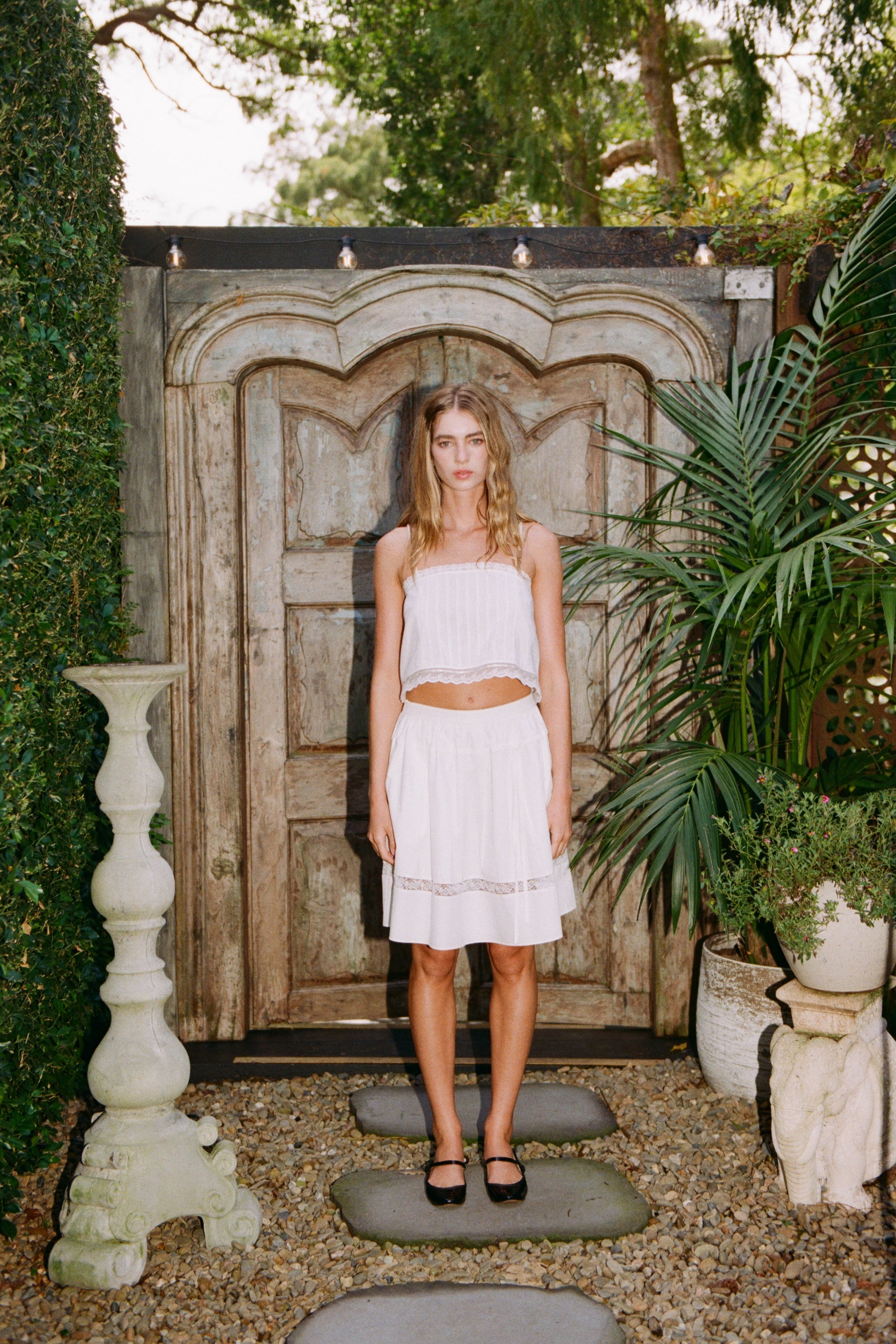White Gathered Flare Skirt