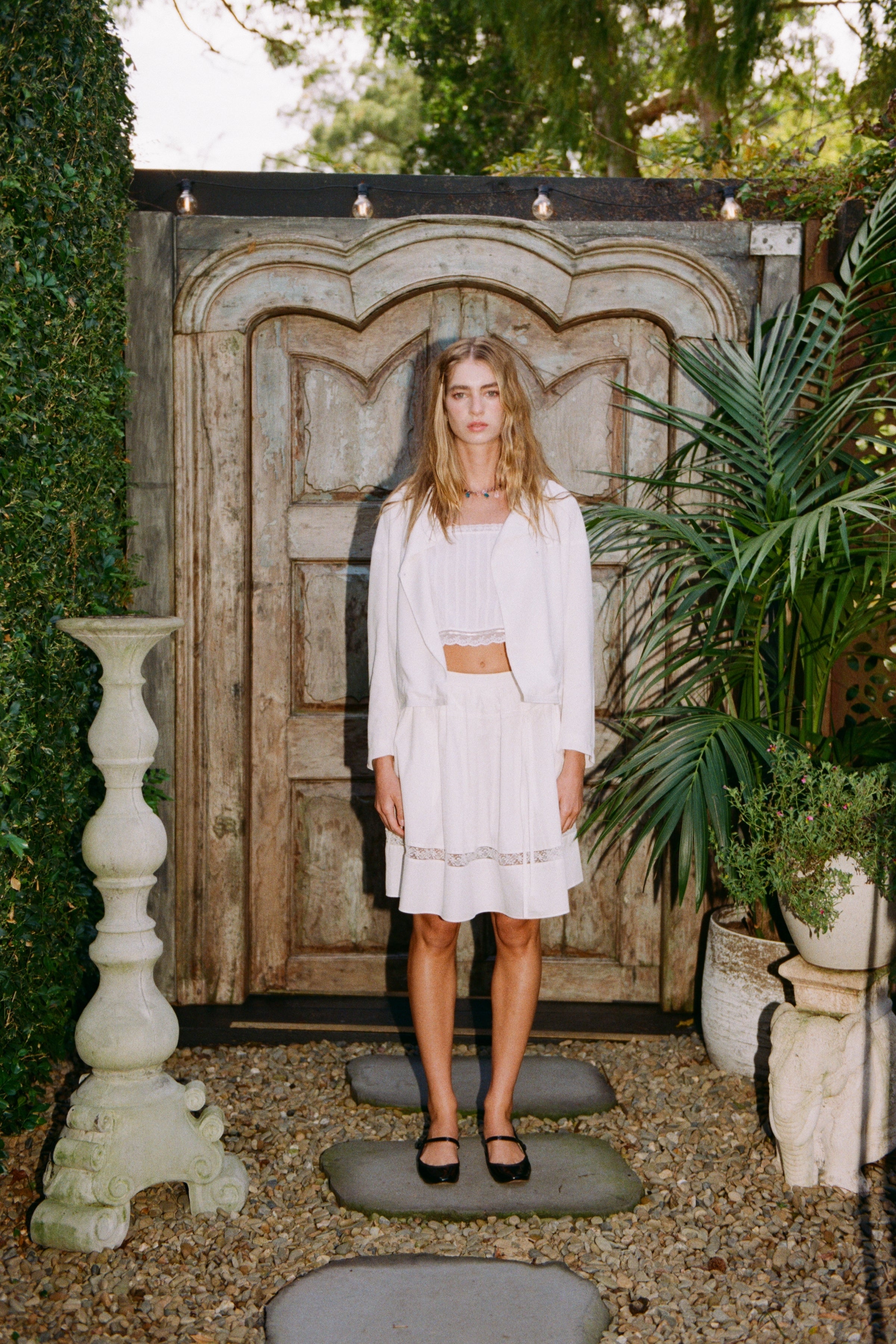 White Gathered Flare Skirt
