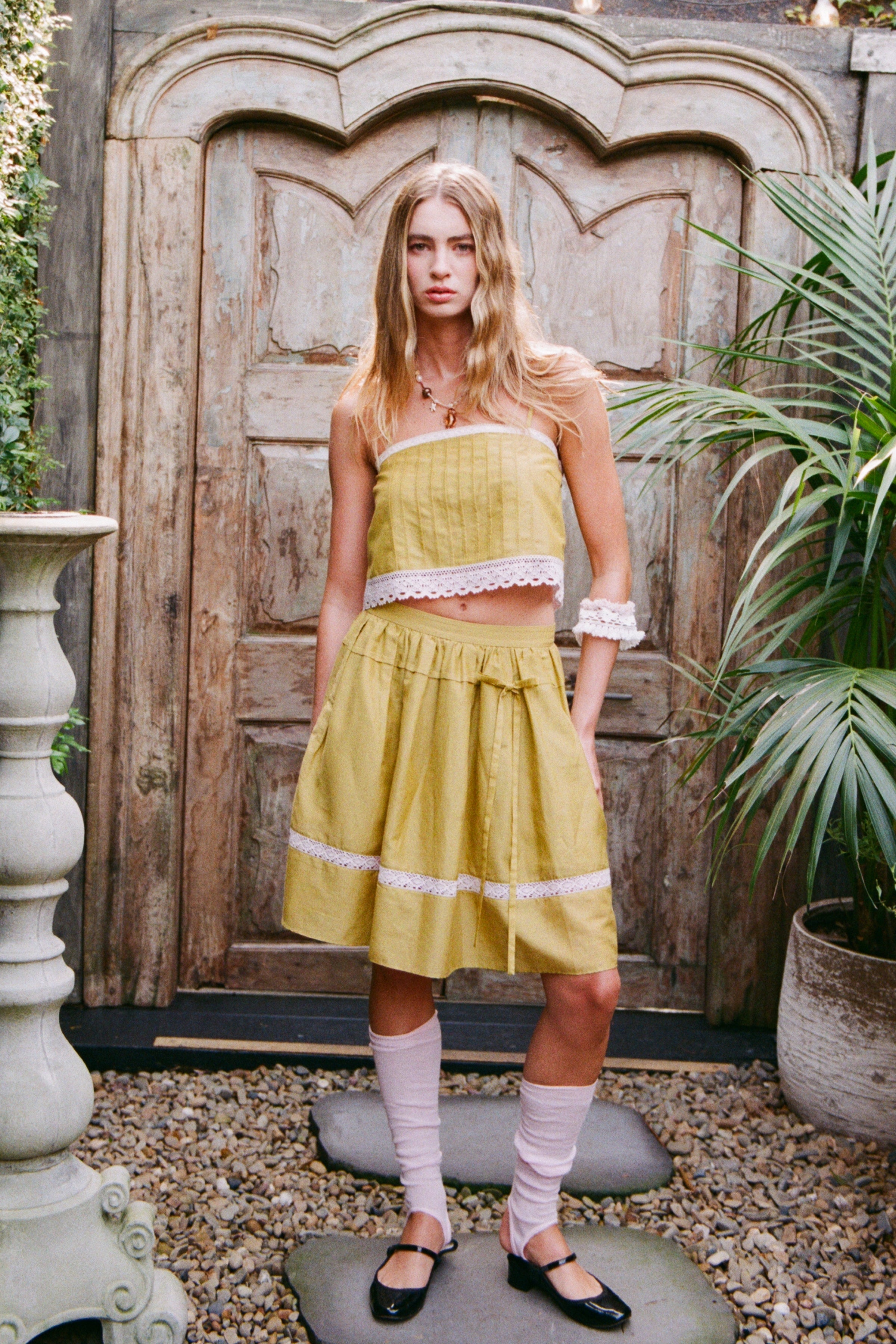 Green Gathered Flare Skirt