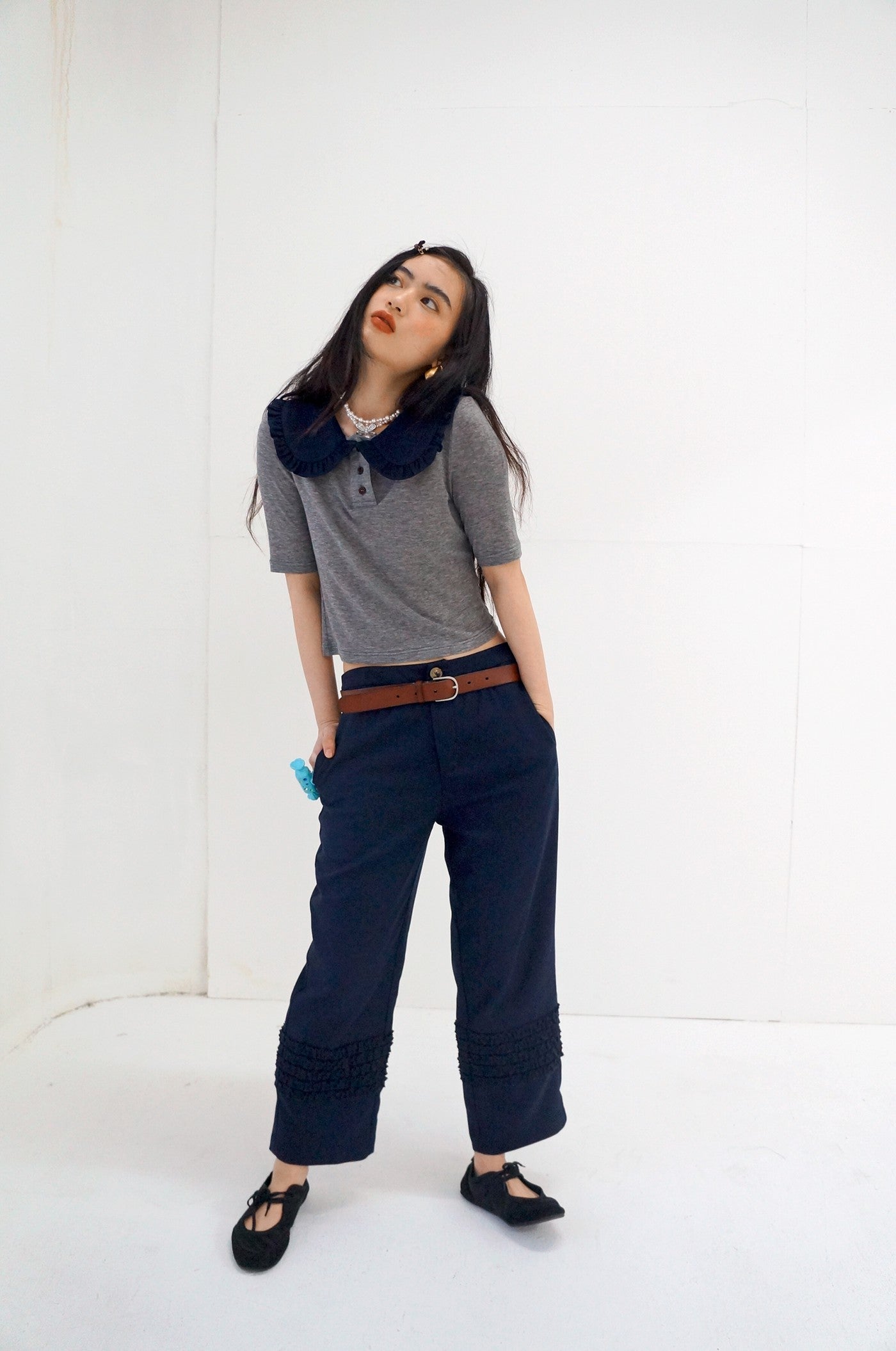 Ruffle Wool Trousers-Navy