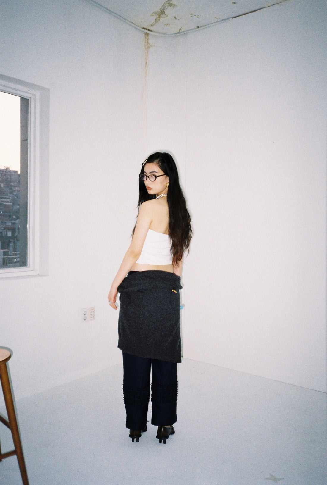 Ruffle Wool Trousers-Navy