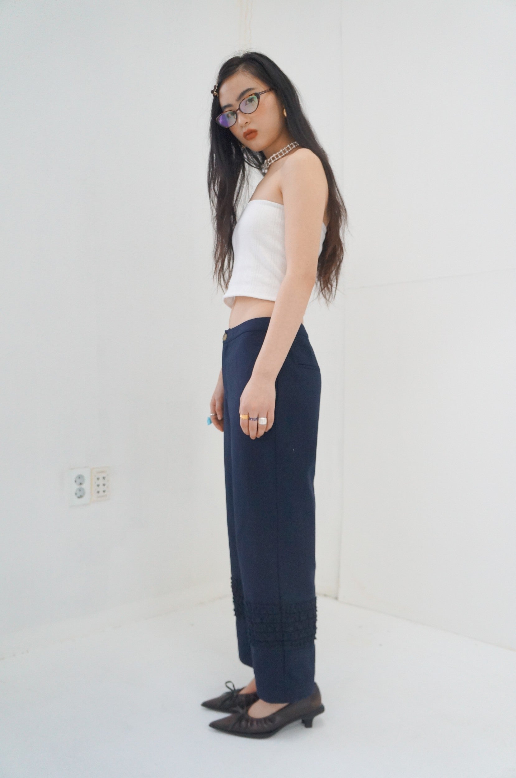 Ruffle Wool Trousers-Navy