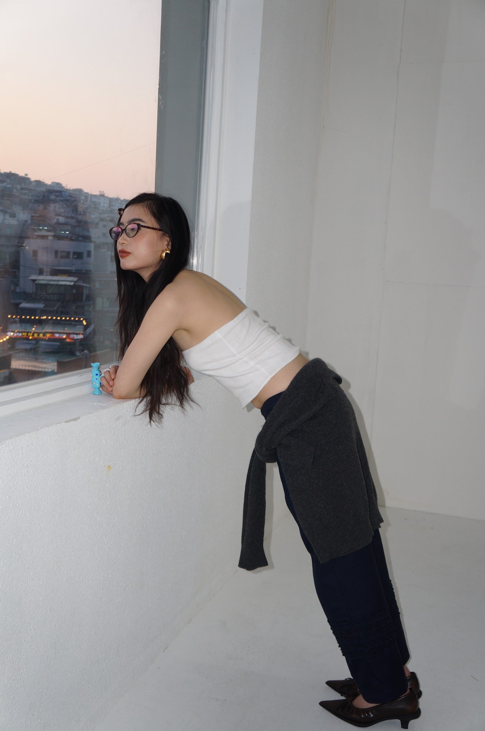 Ruffle Wool Trousers-Navy