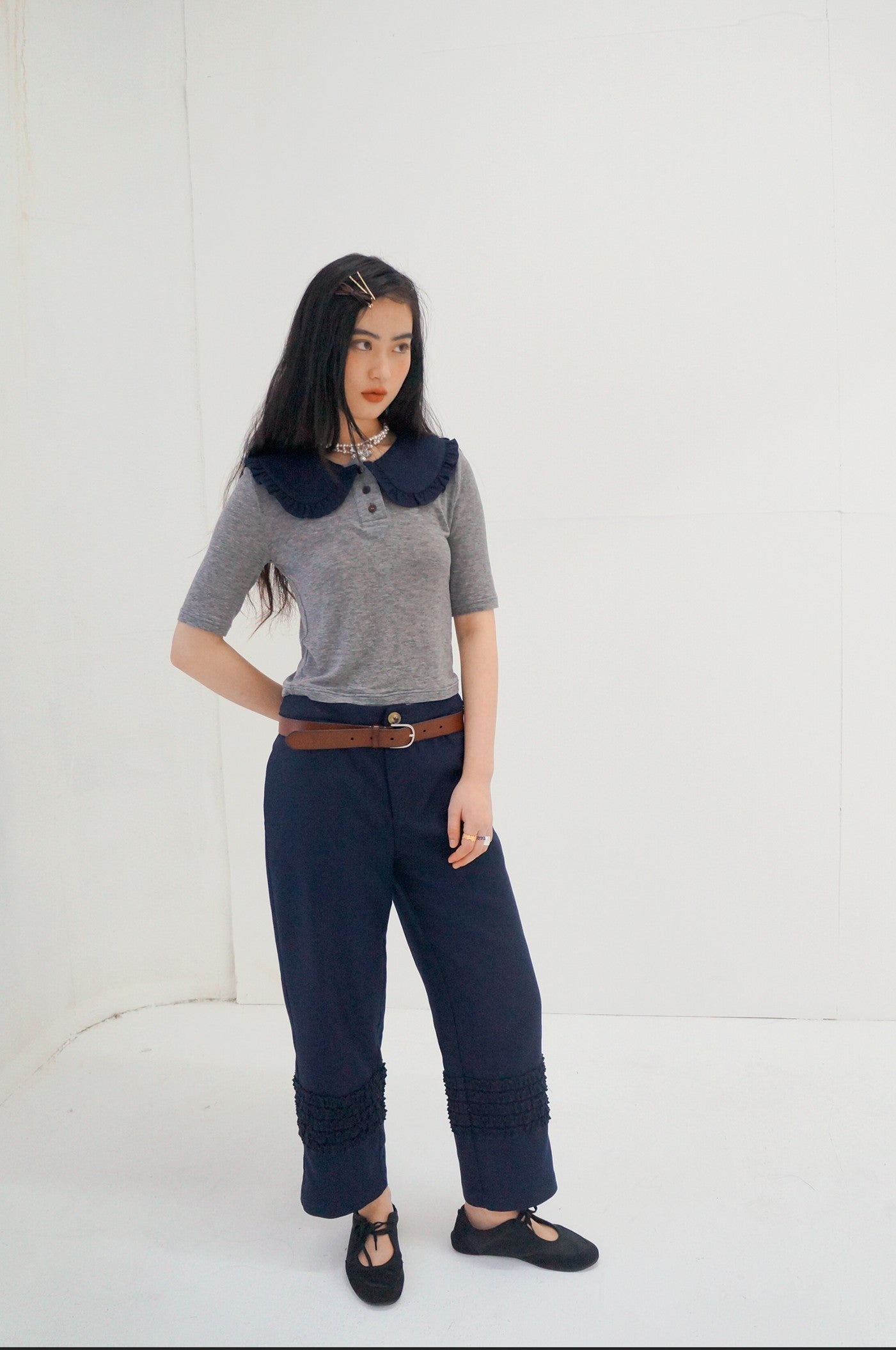 Ruffle Wool Trousers-Navy