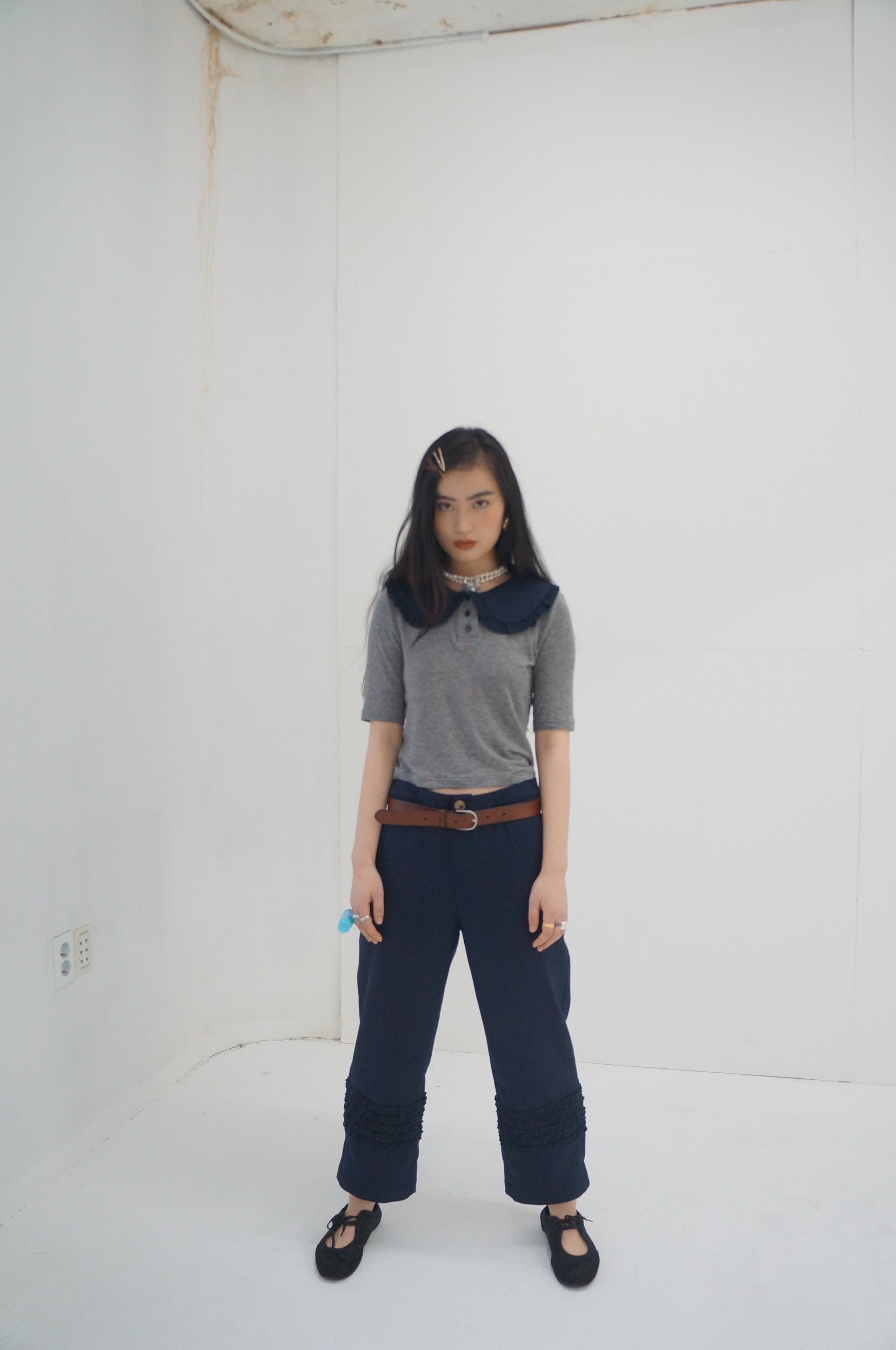 Ruffle Wool Trousers-Navy