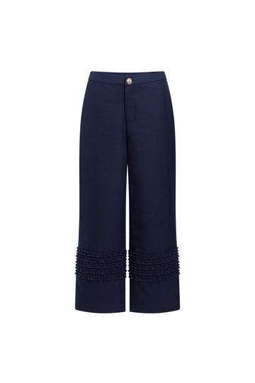 Ruffle Wool Trousers-Navy