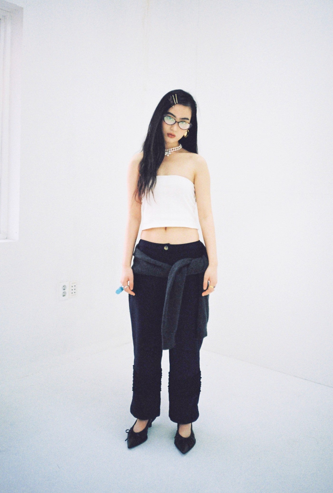 Ruffle Wool Trousers-Navy