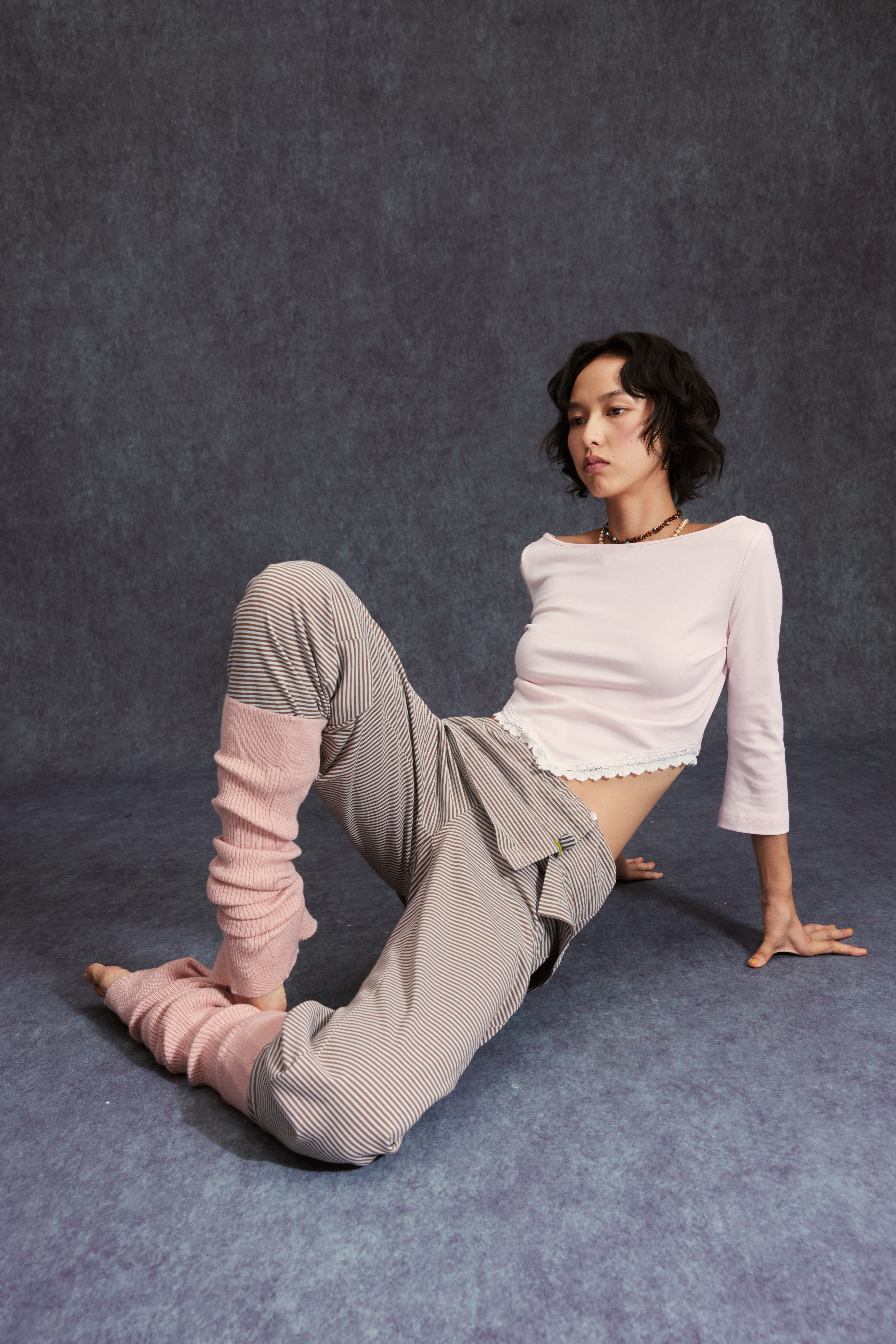 Elastic Wide Leg Trousers-Blue/Green stripe