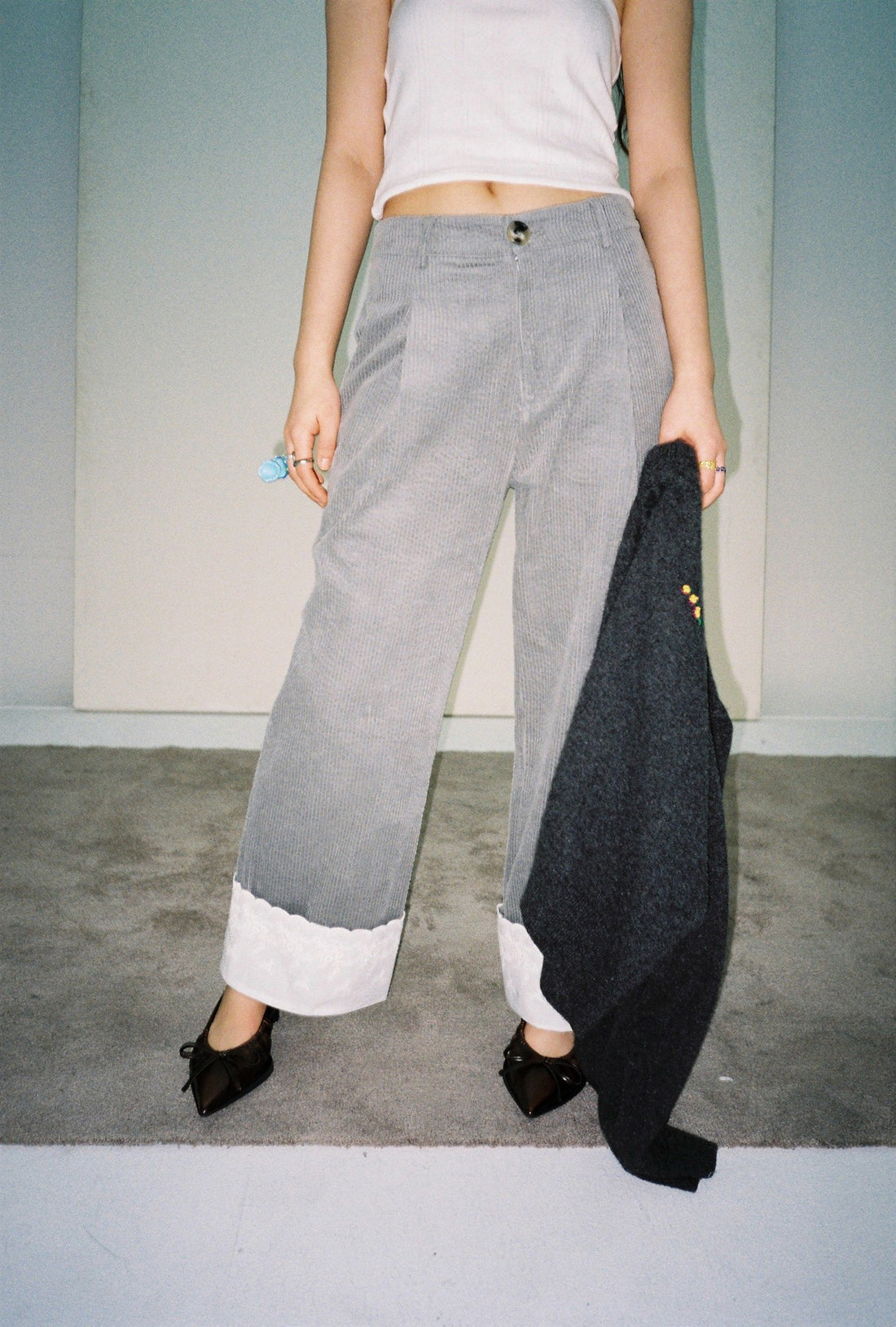 Lace Corduroy Trousers-Turquoise