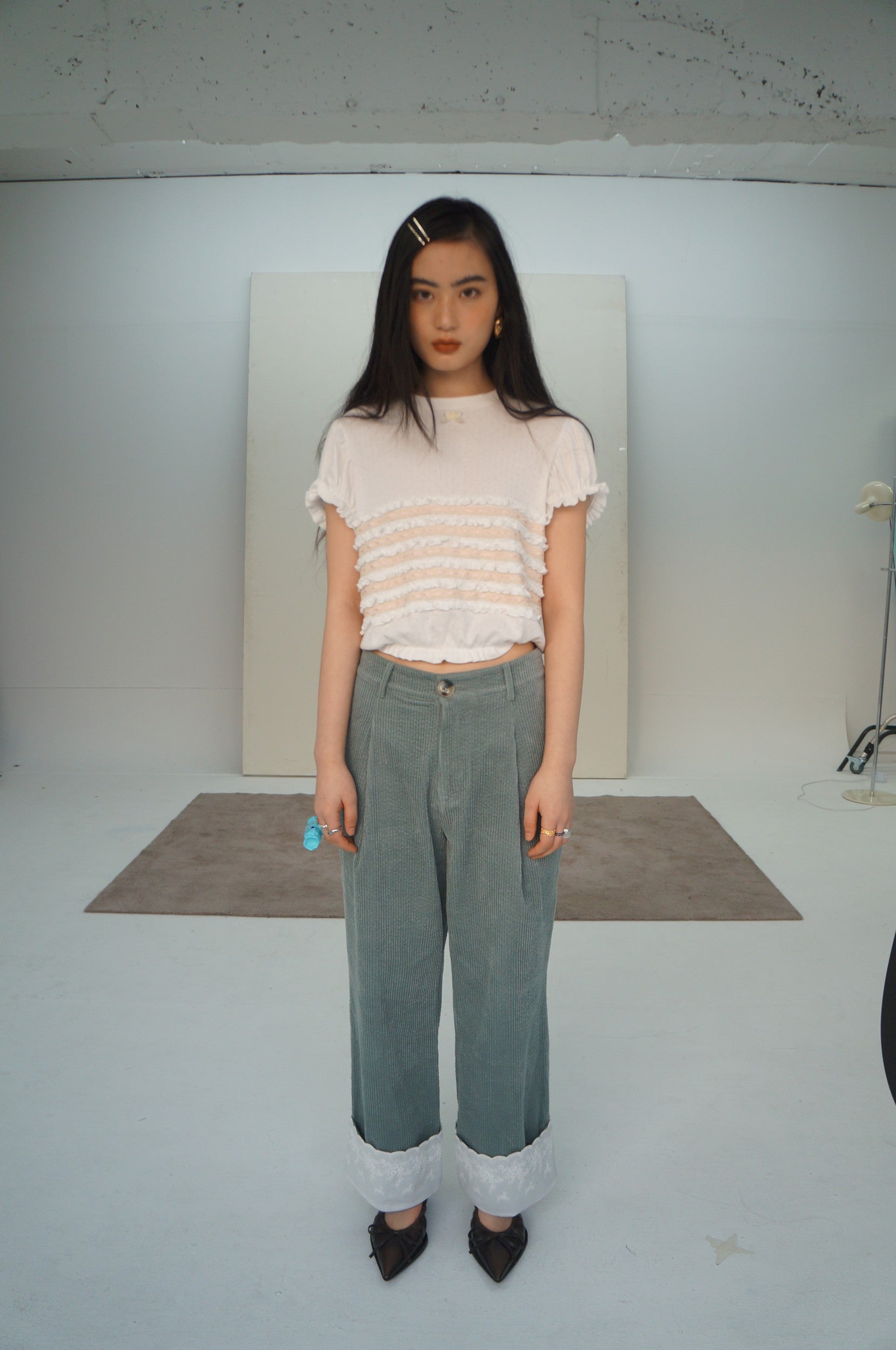 Lace Corduroy Trousers-Turquoise