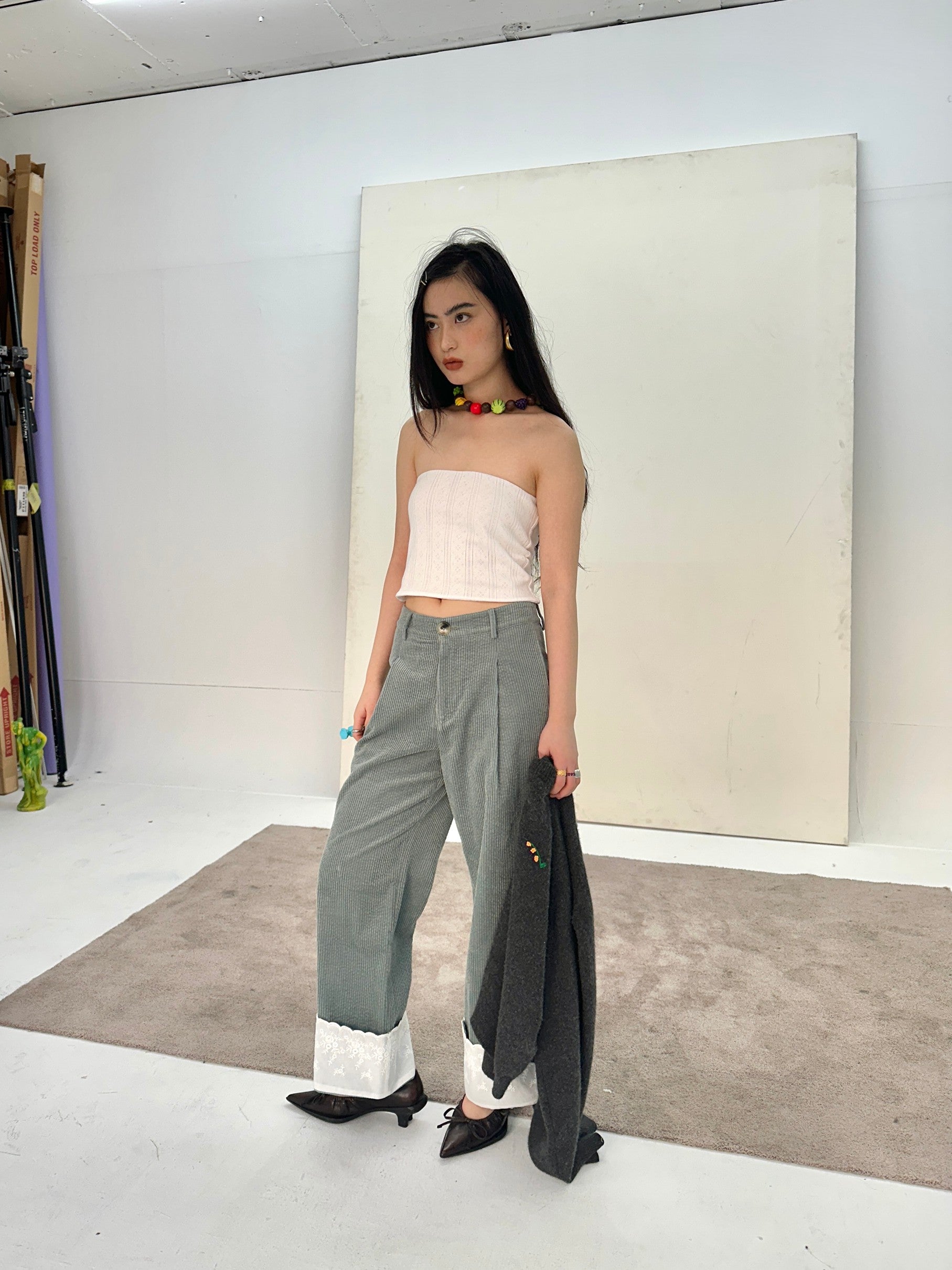 Lace Corduroy Trousers-Turquoise