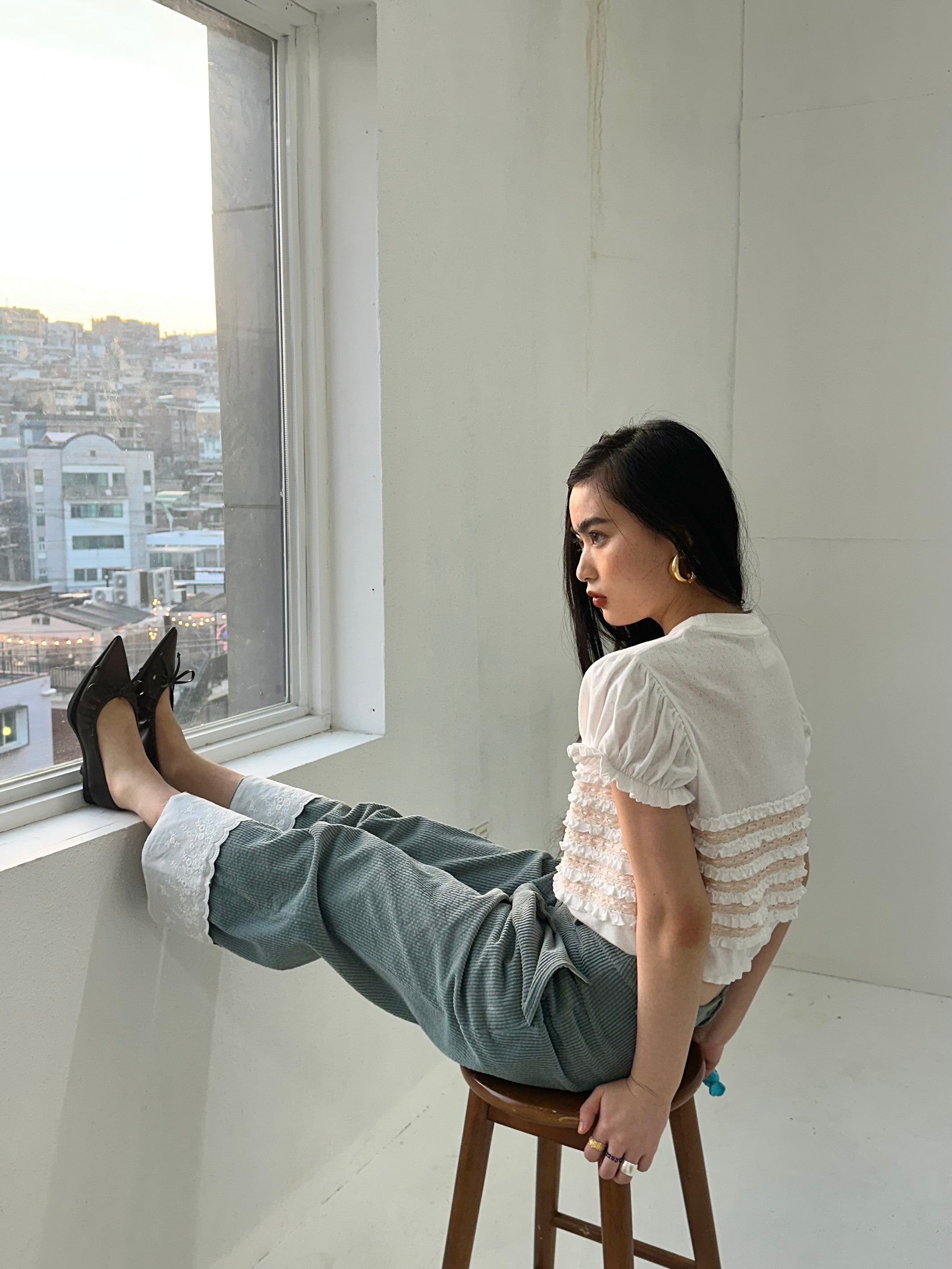Lace Corduroy Trousers-Turquoise