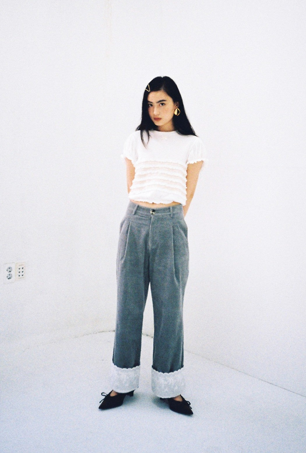 Lace Corduroy Trousers-Turquoise