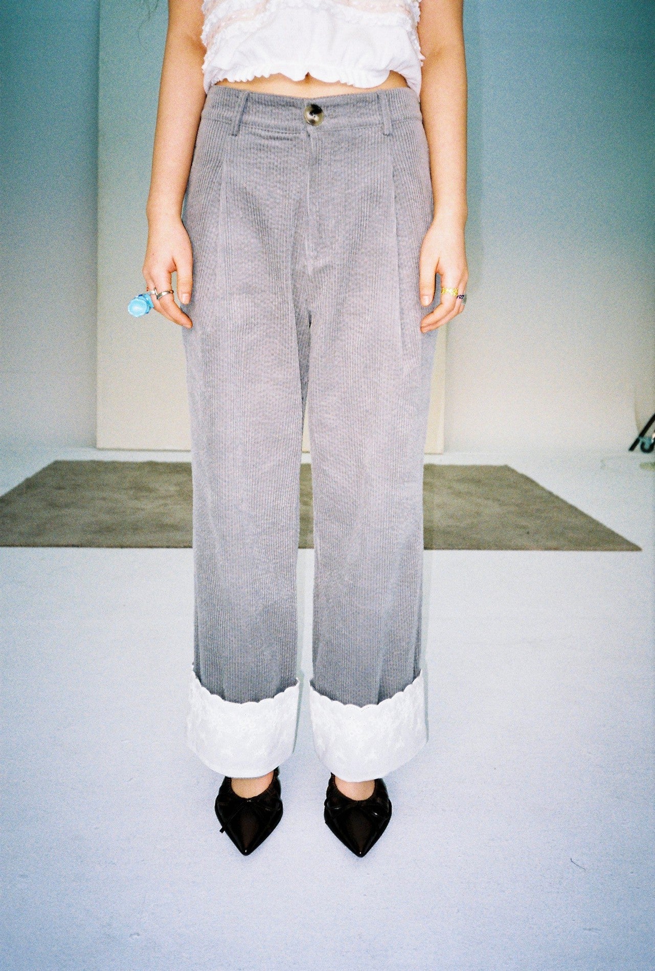 Lace Corduroy Trousers-Turquoise