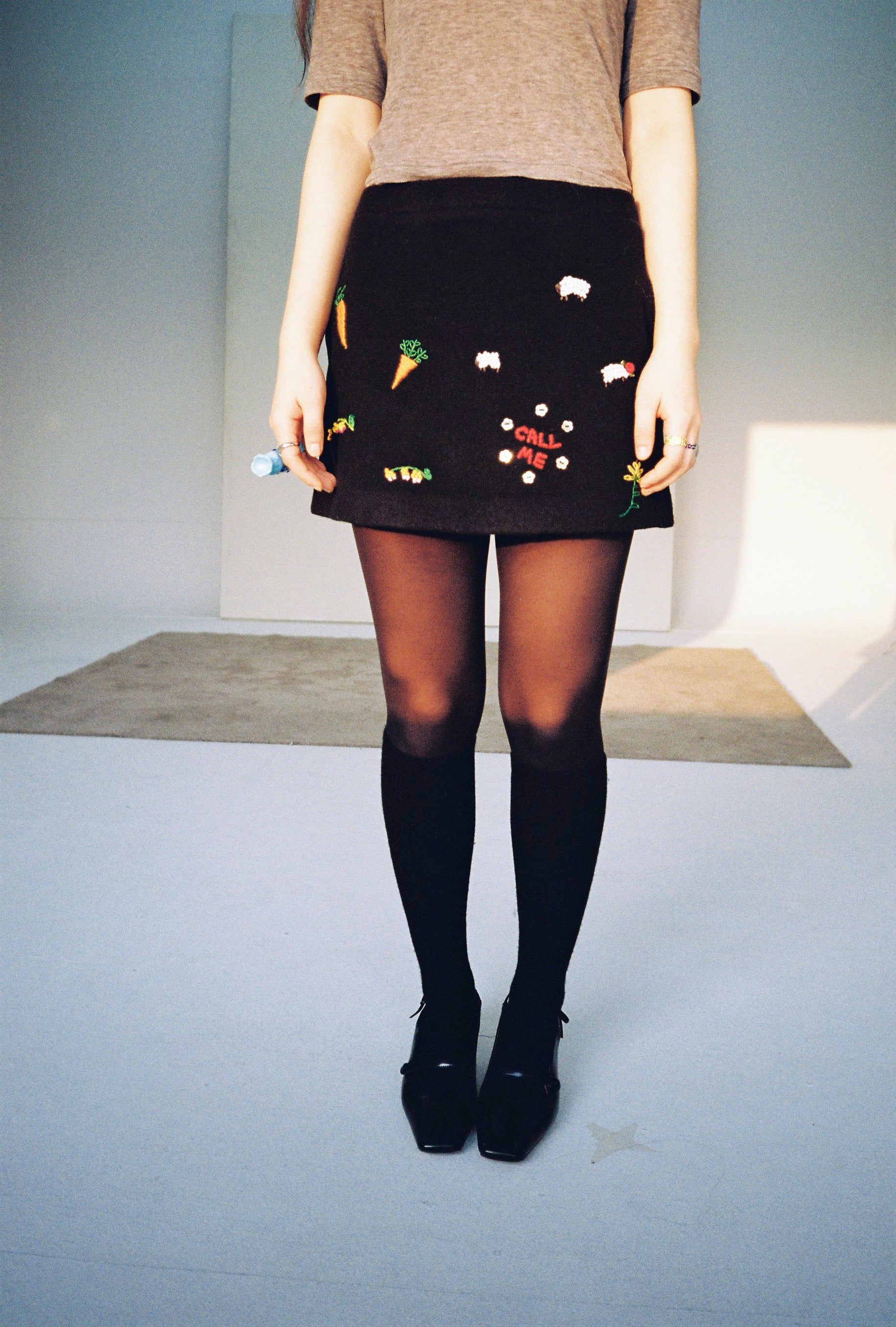 Embroidered Mini Skirt-Black