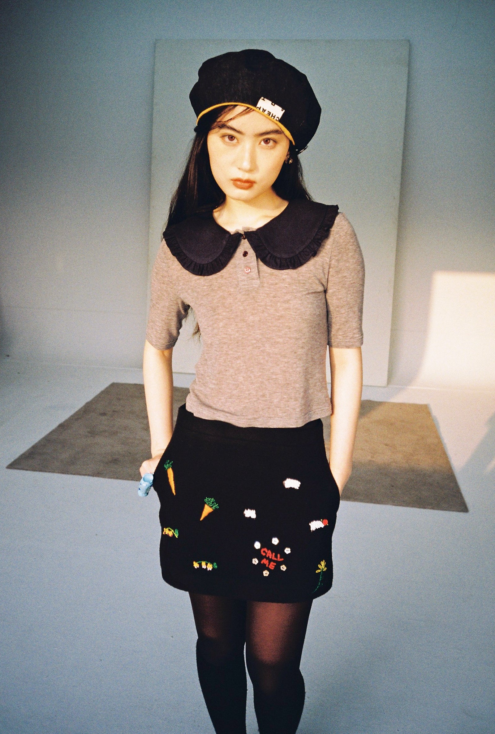 Embroidered Mini Skirt-Black