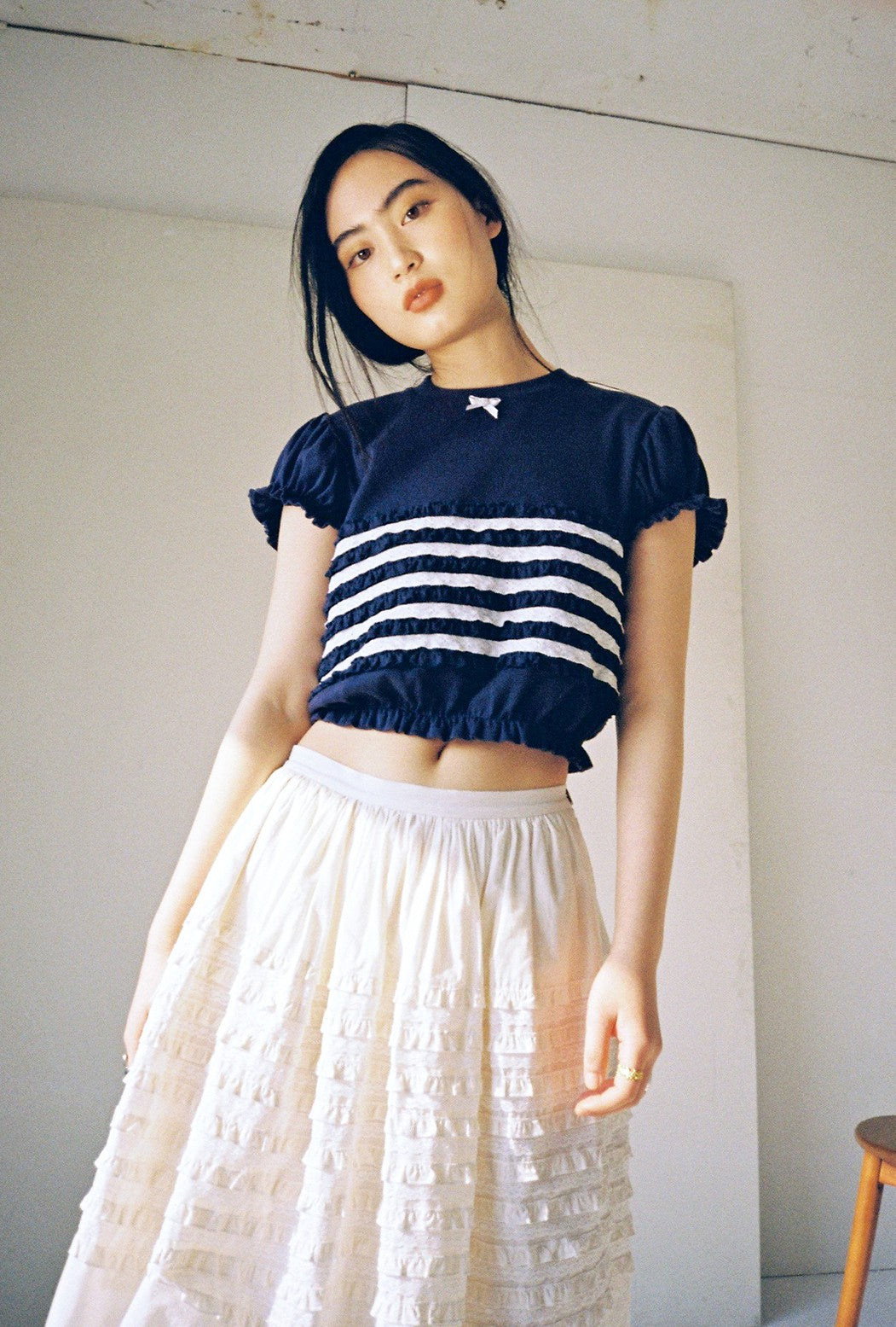 Bubble Sleeve Lace Top-Navy