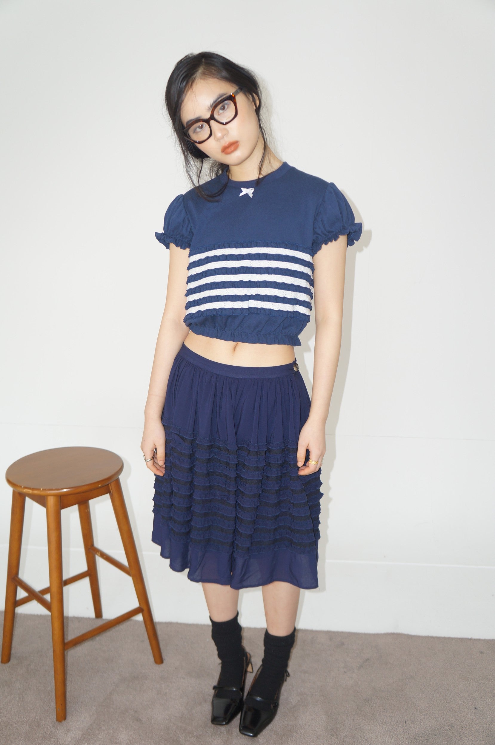 Bubble Sleeve Lace Top-Navy