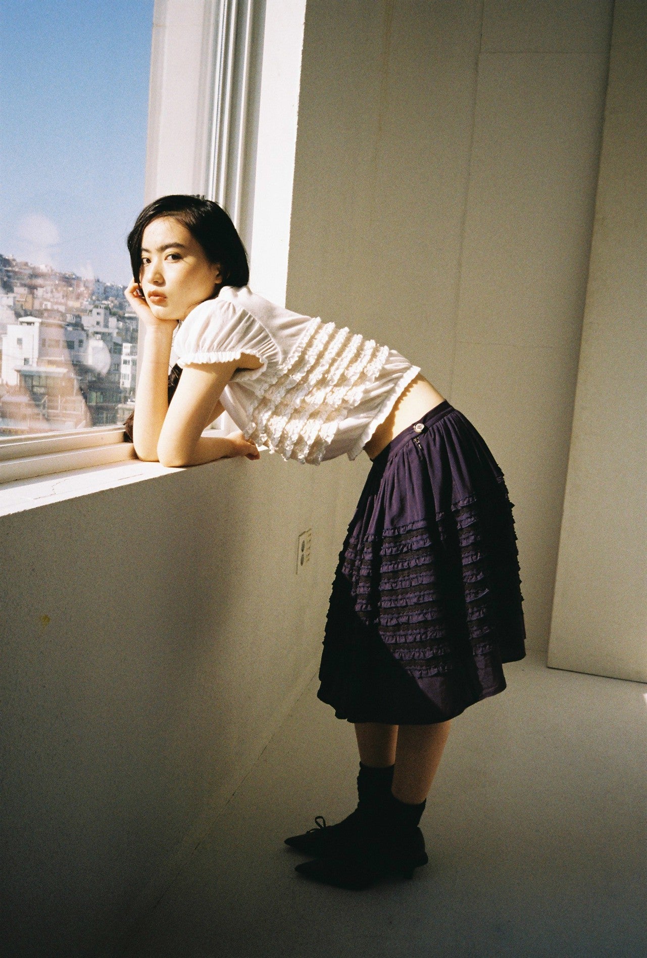 Bubble Sleeve Lace Top-White