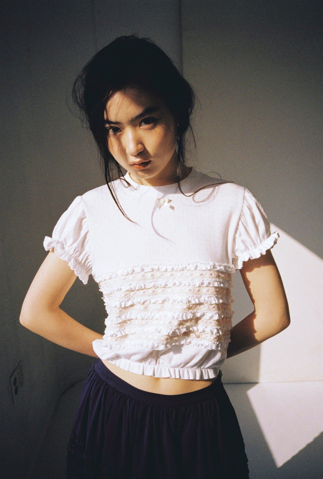 Bubble Sleeve Lace Top-White