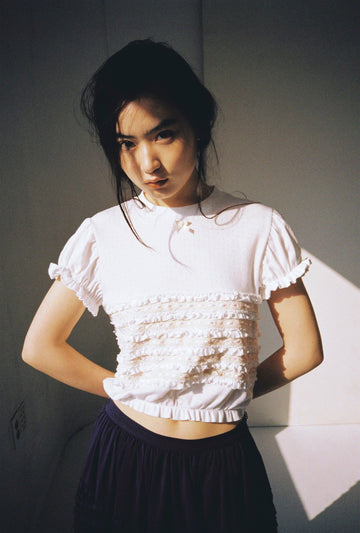 Bubble Sleeve Lace Top-White