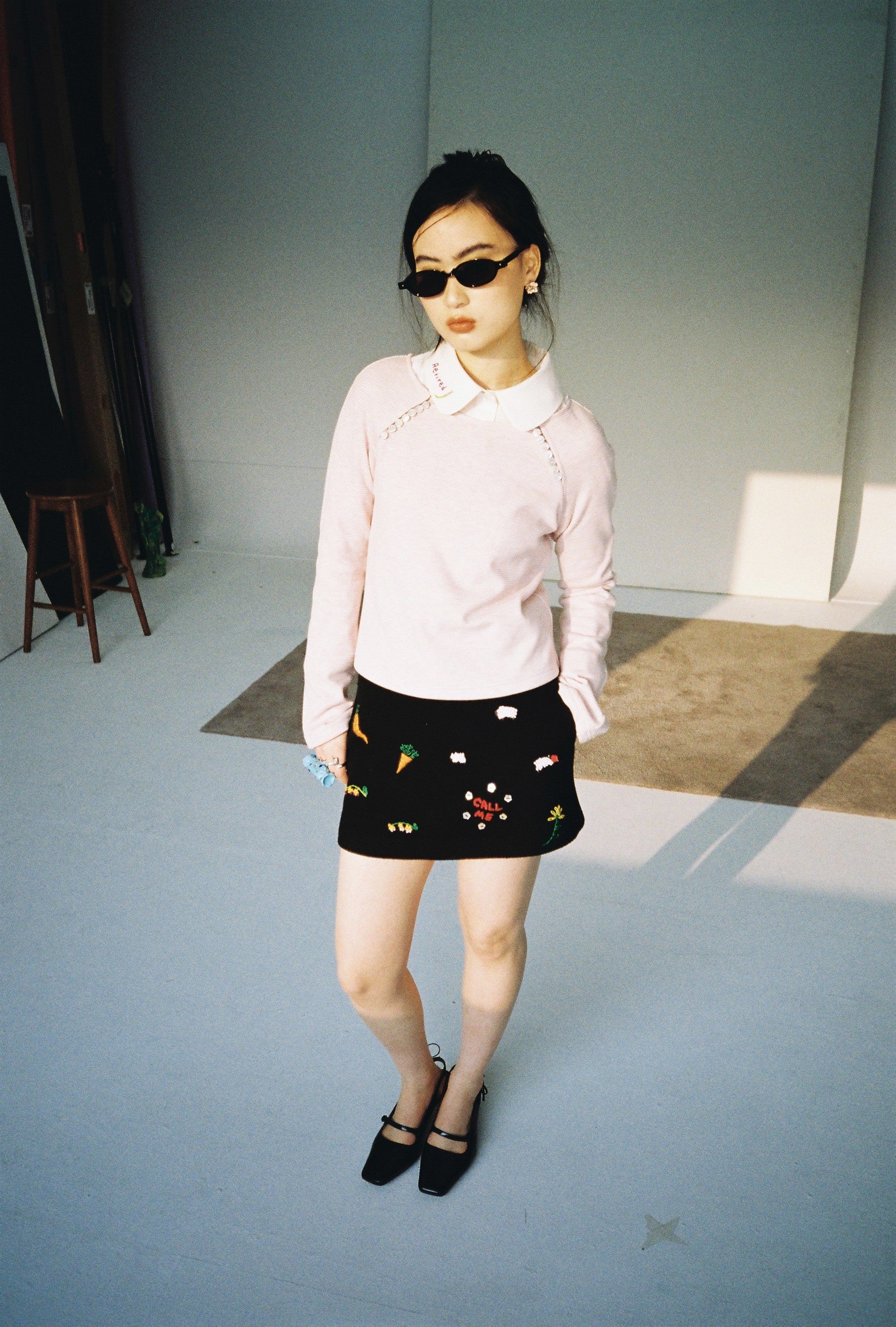 Embroidered Mini Skirt-Black