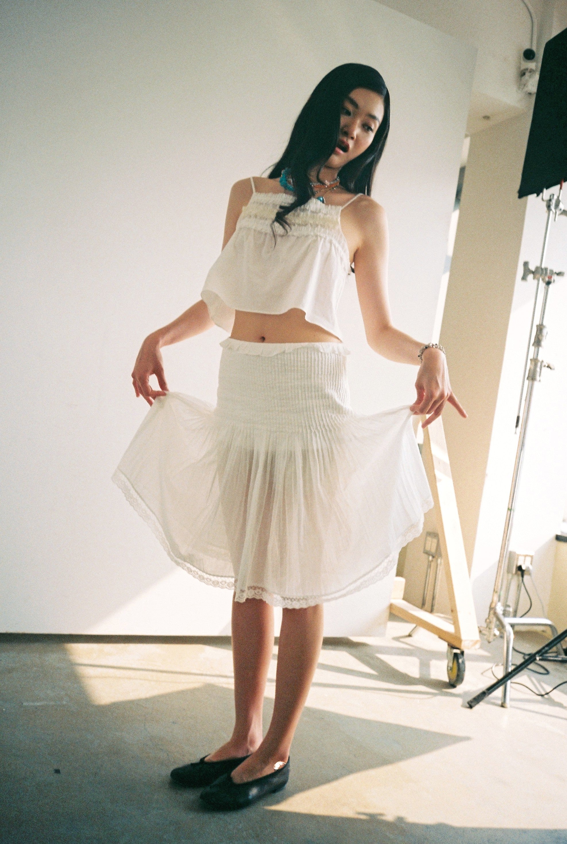Gathered Pleat Skirt-White