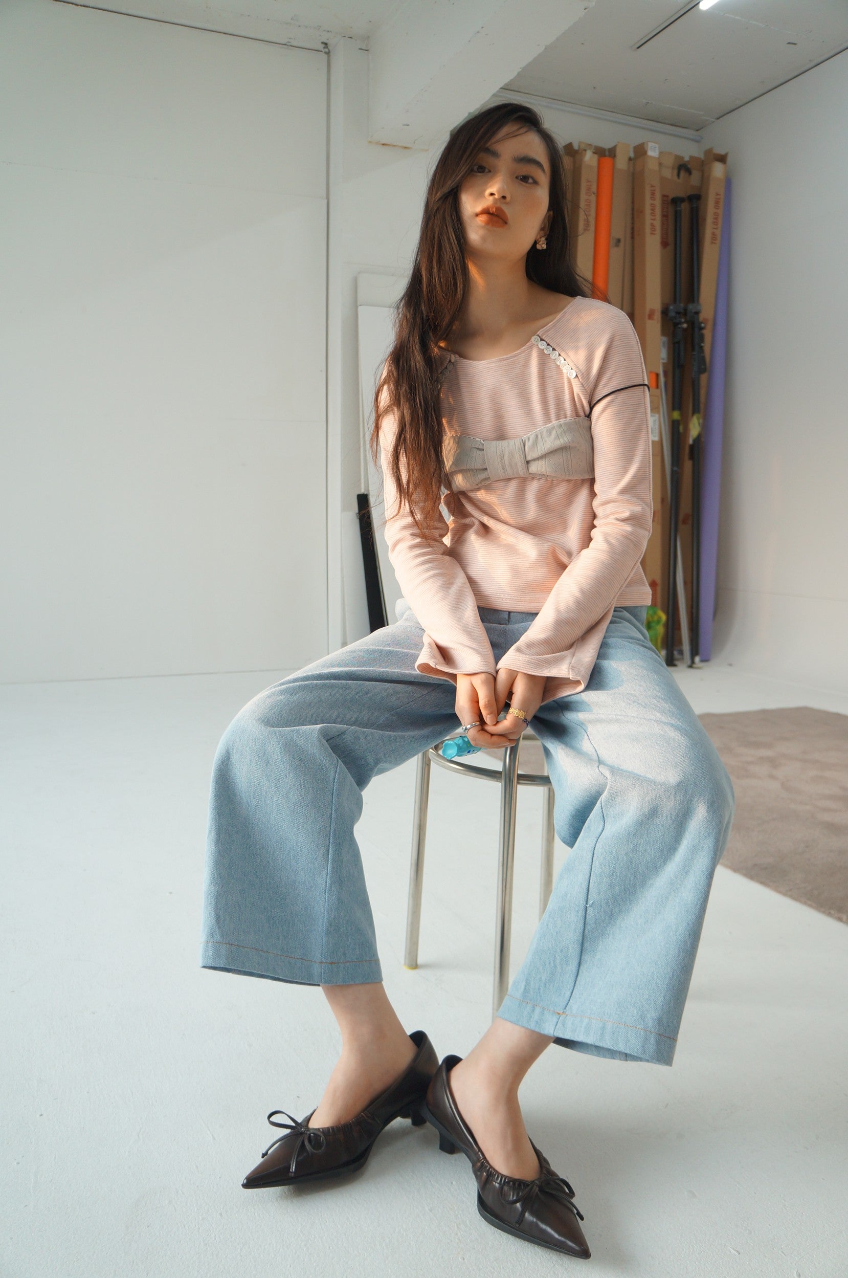 Raglan Sleeve Button Top-Pink Stripe