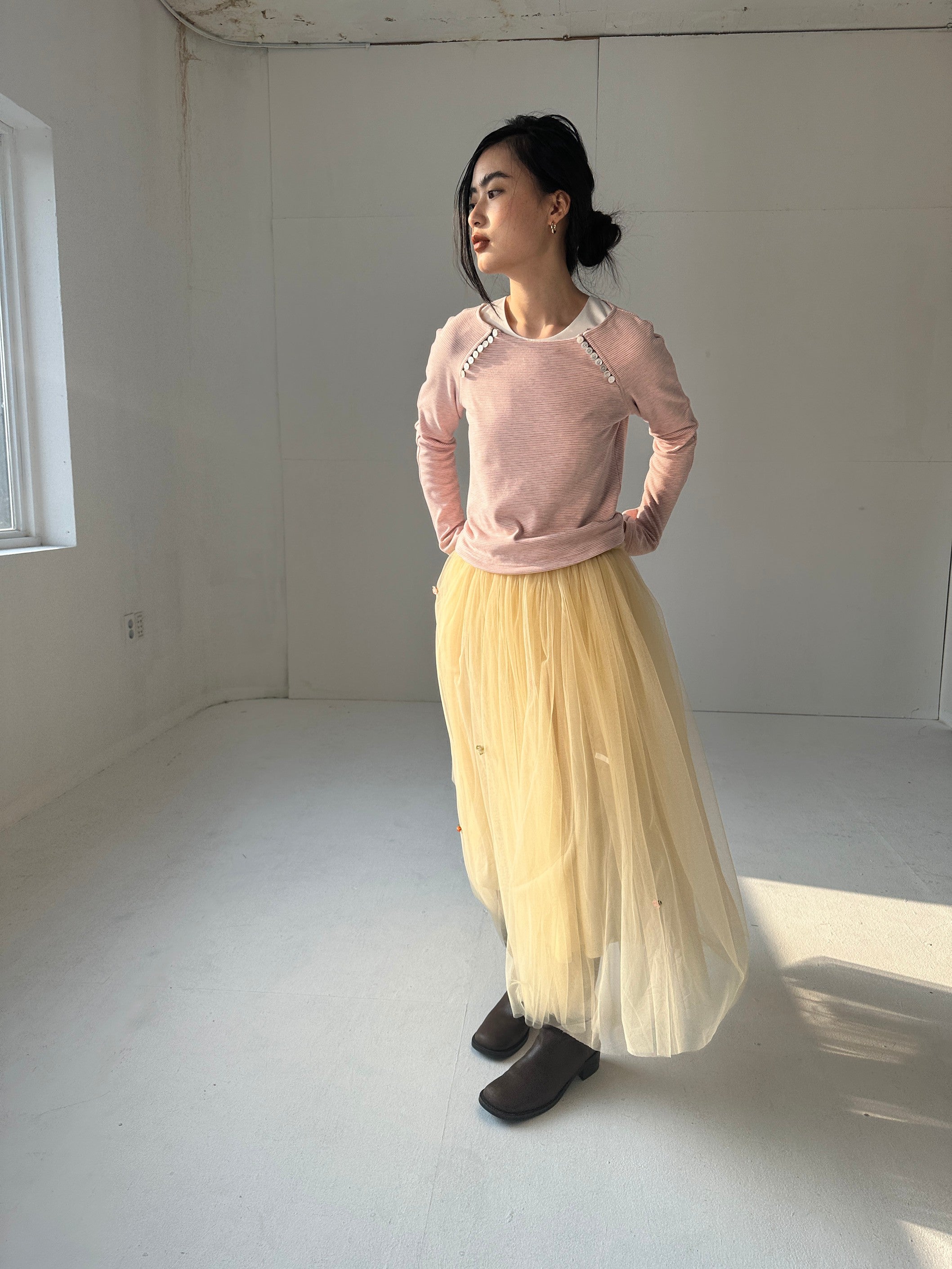 Raglan Sleeve Button Top-Pink Stripe