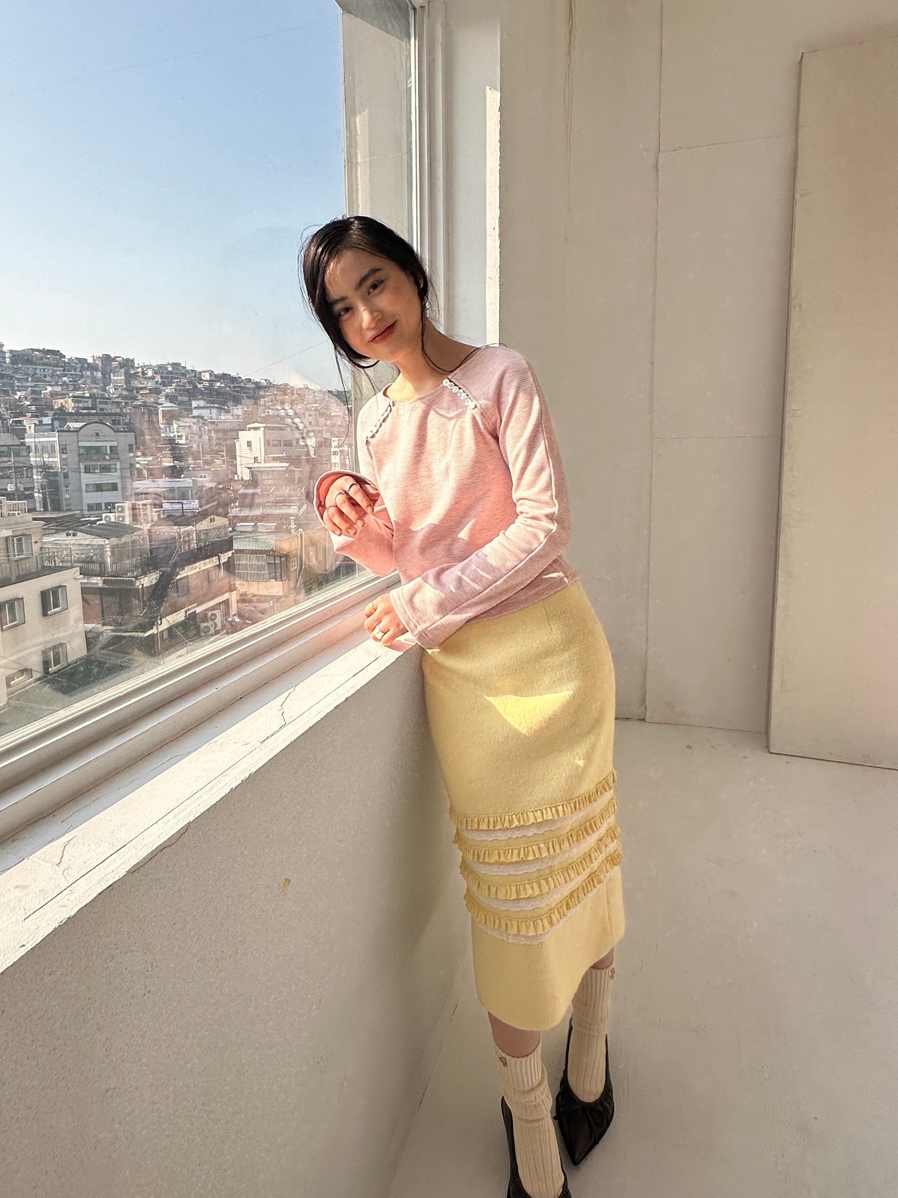 Raglan Sleeve Button Top-Pink Stripe