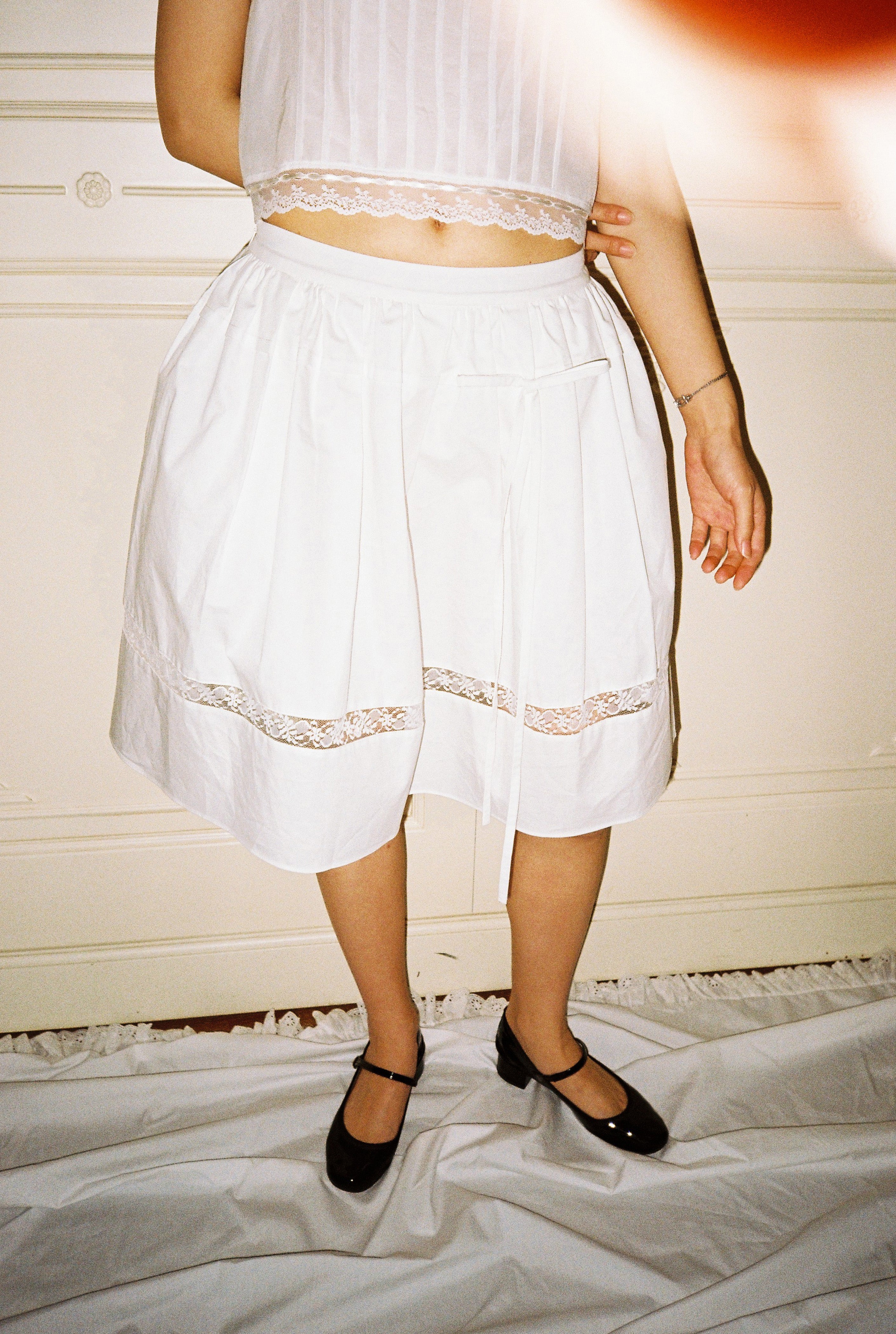 White Gathered Flare Skirt