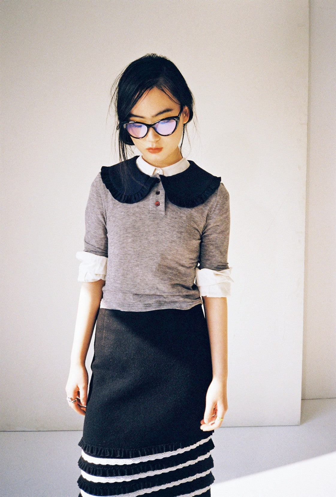 Ruffle Polo Shirt-Light Grey