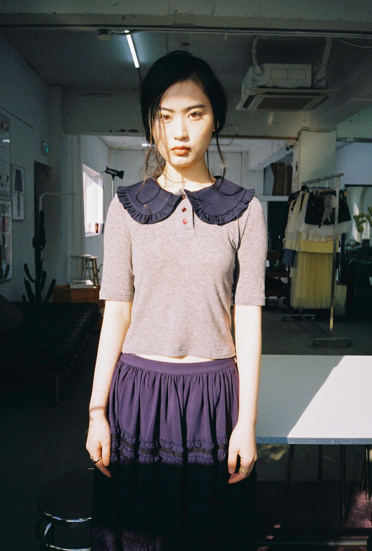 Ruffle Polo Shirt-Light Grey