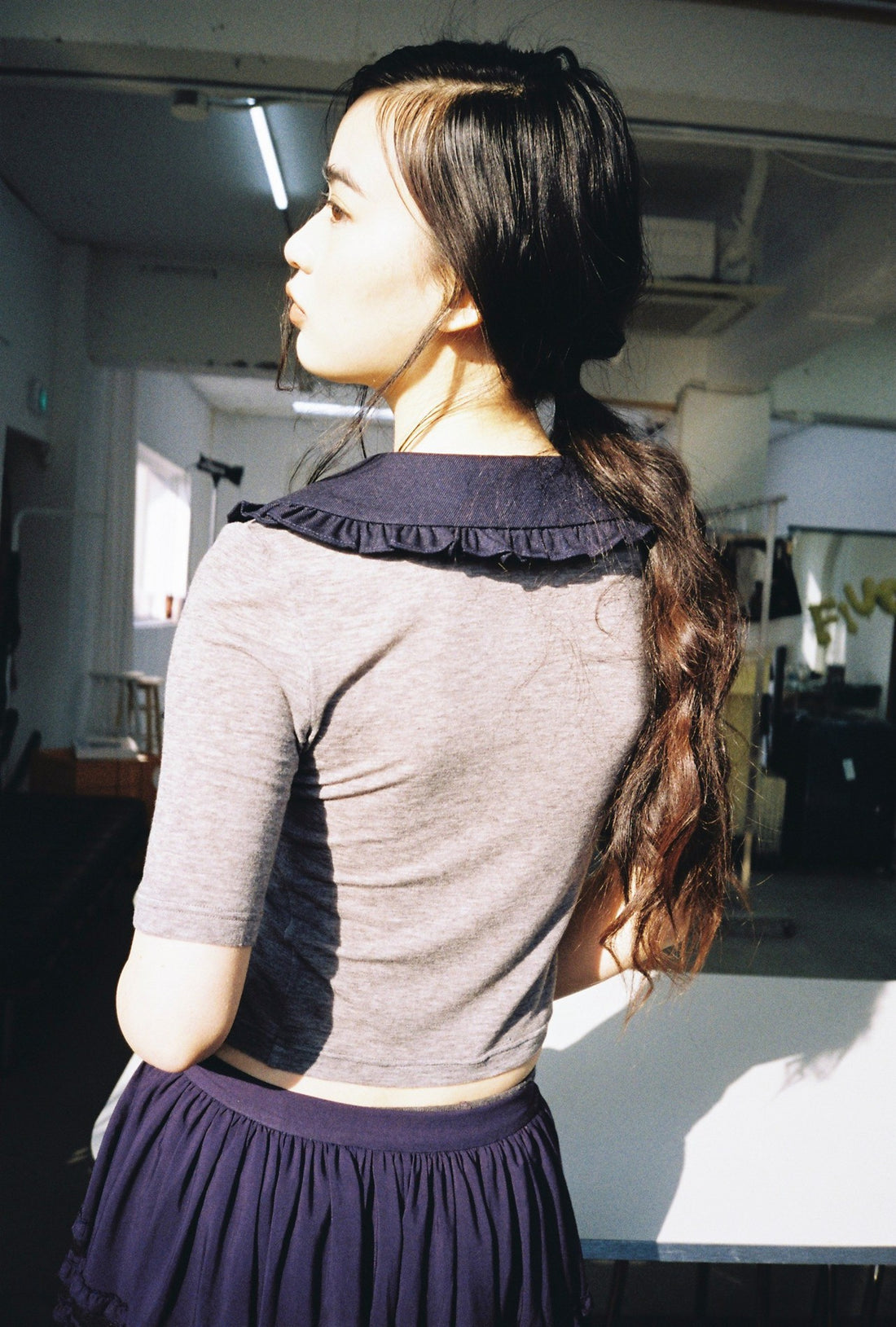 Ruffle Polo Shirt-Light Grey