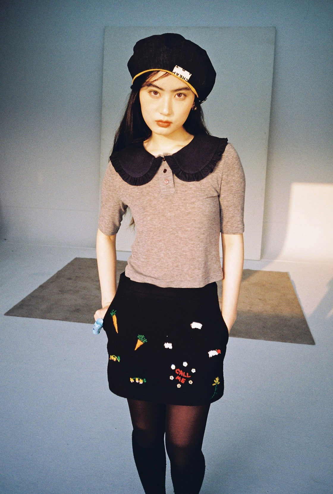 Ruffle Polo Shirt-Light Grey