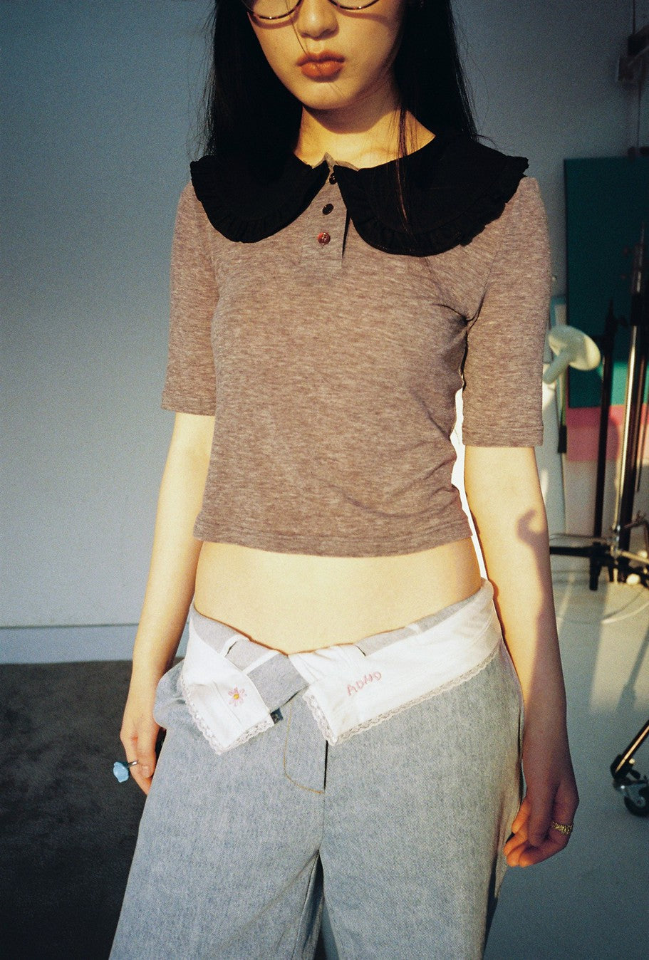 Ruffle Polo Shirt-Light Grey