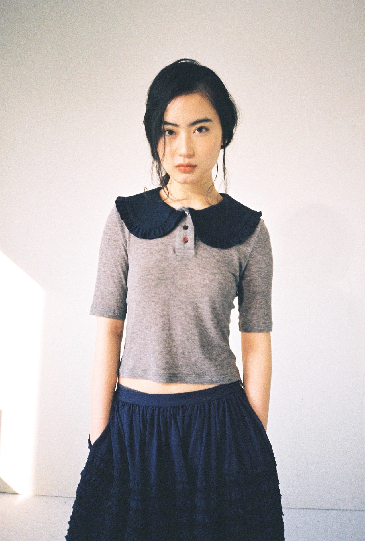 Ruffle Polo Shirt-Light Grey