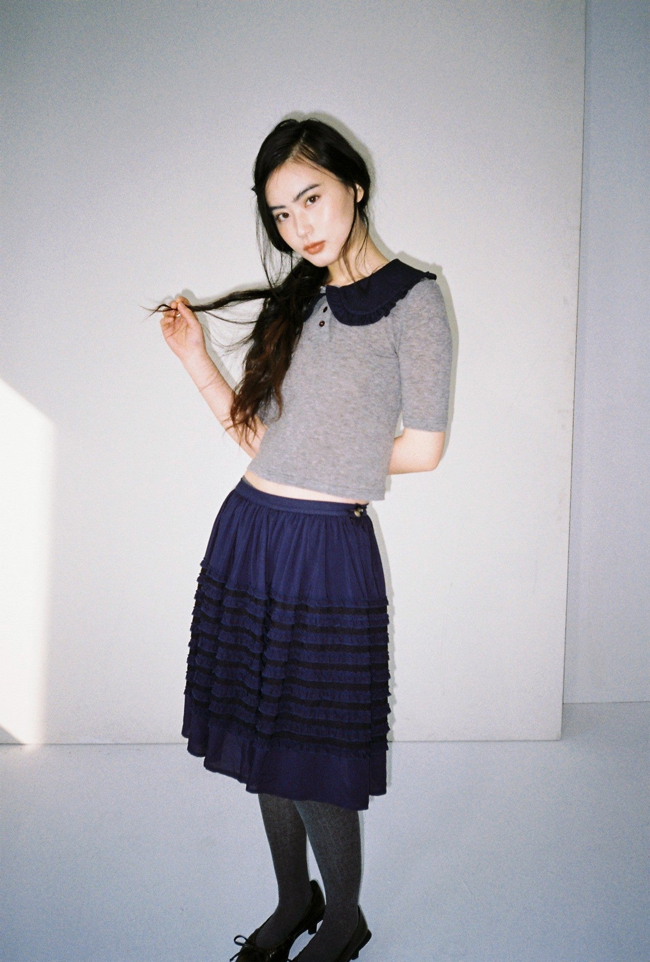 Ruffle Polo Shirt-Light Grey