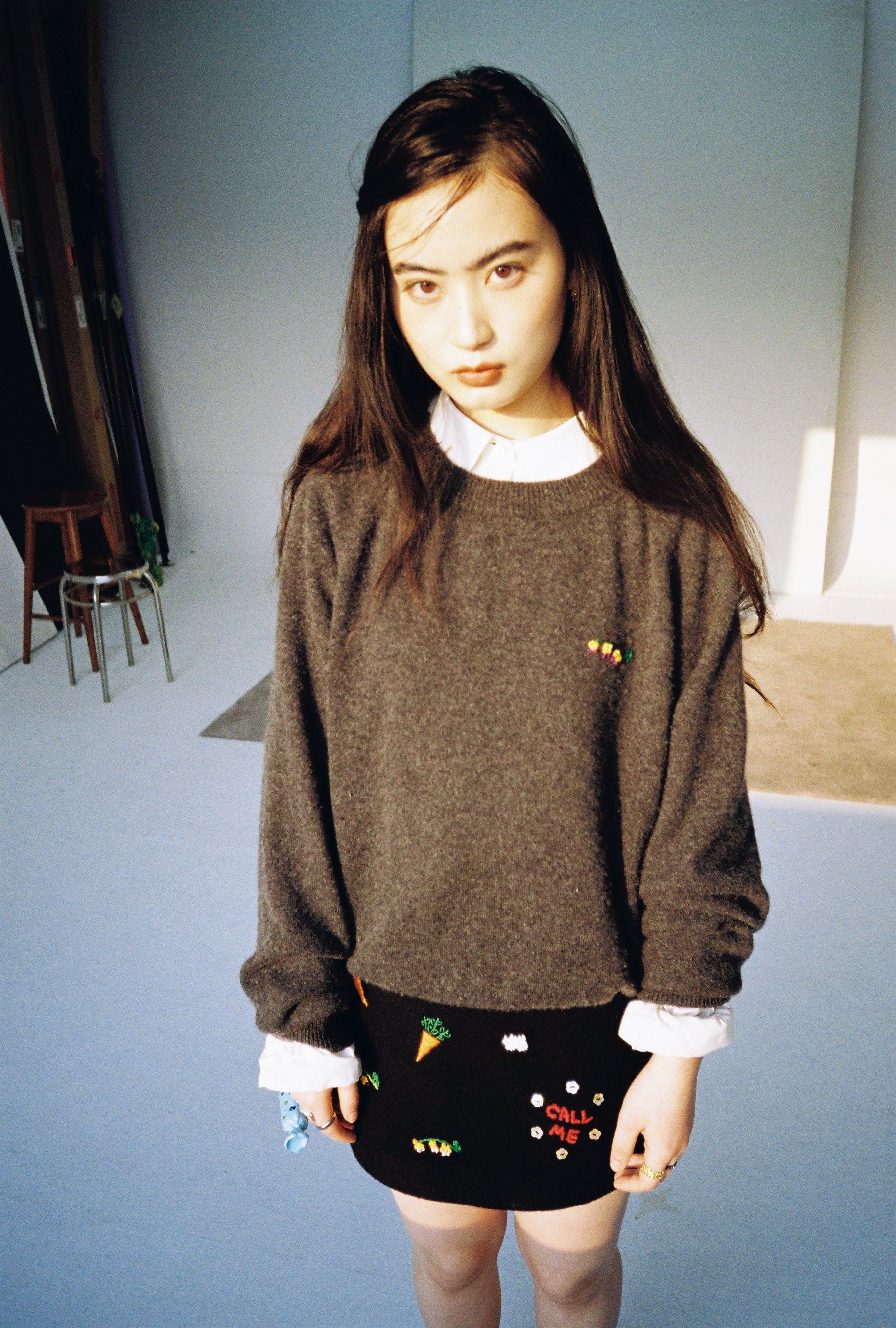 Embroidered Mini Skirt-Black