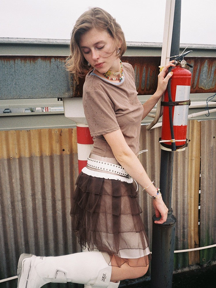 Tulle Pleat Skirt-Coffee